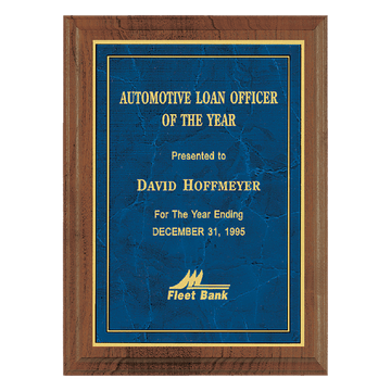 7" x 9" American Walnut Step Edge Plaque wiht a Gold Border Sapphire Marble LaserFX Plate