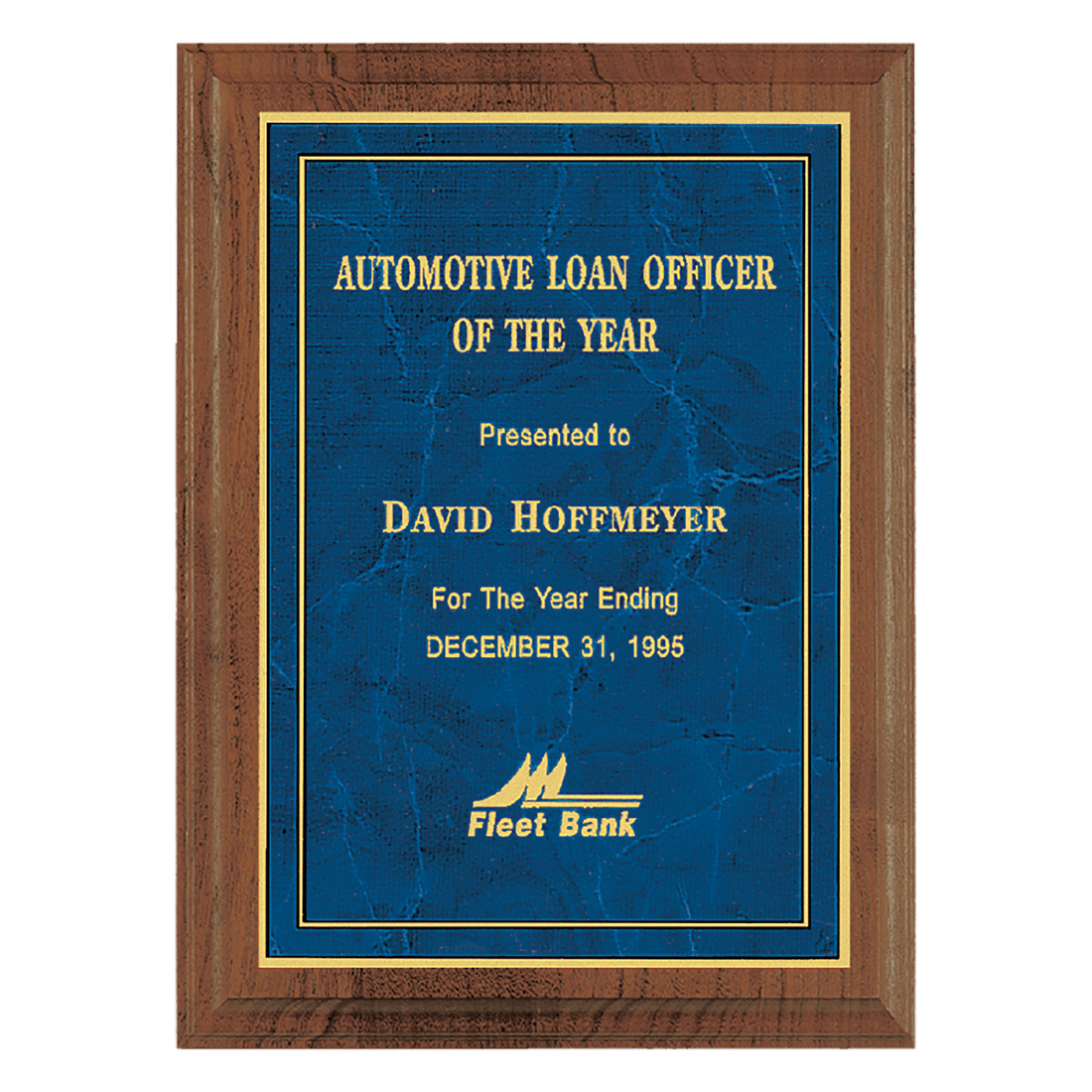 8" x 10" American Walnut Step Edge Plaque wiht a Gold Border Sapphire Marble LaserFX Plate