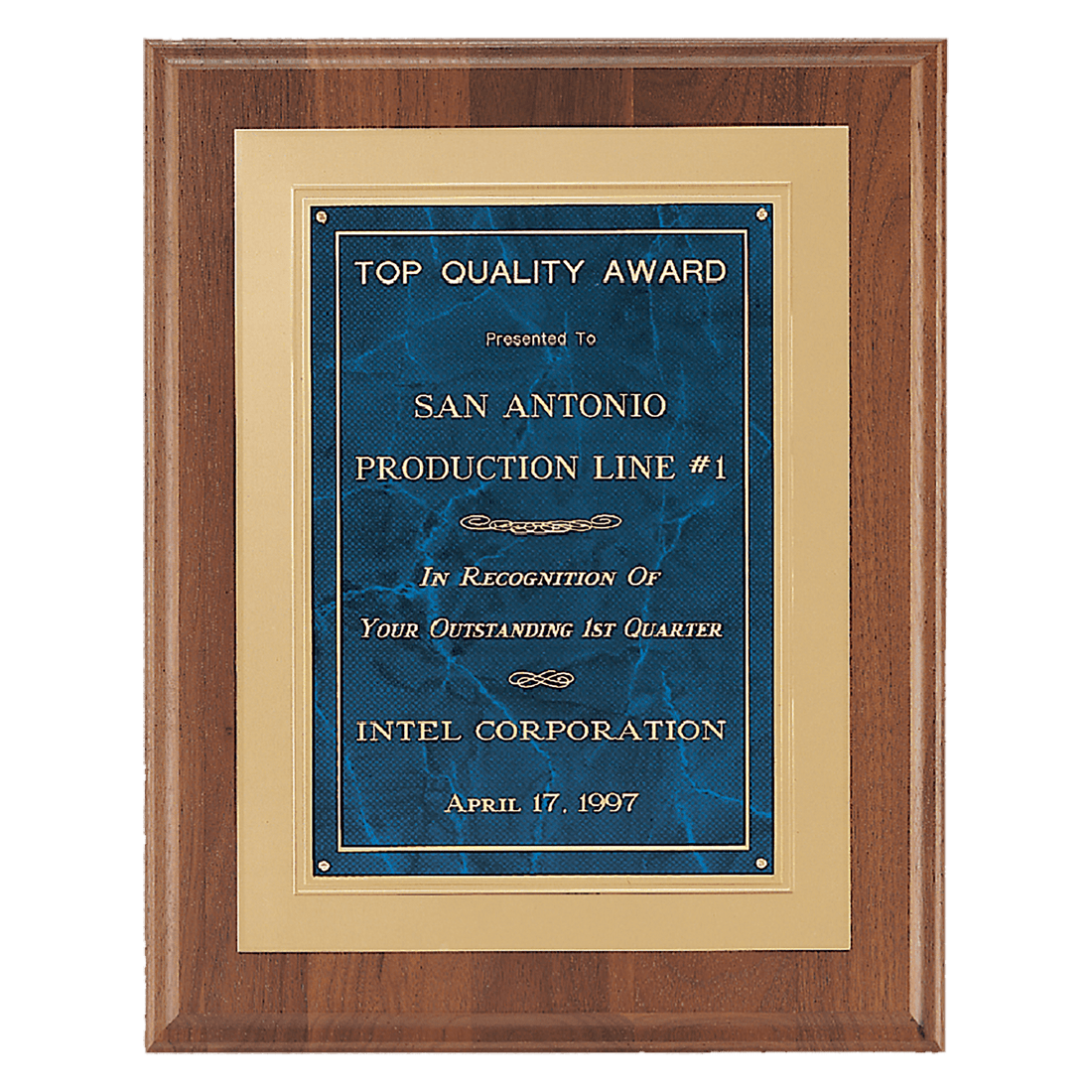 12" x 15" American Walnut Step Edge Plaque with Sapphire Marble Gold Framed LaserFX Plate