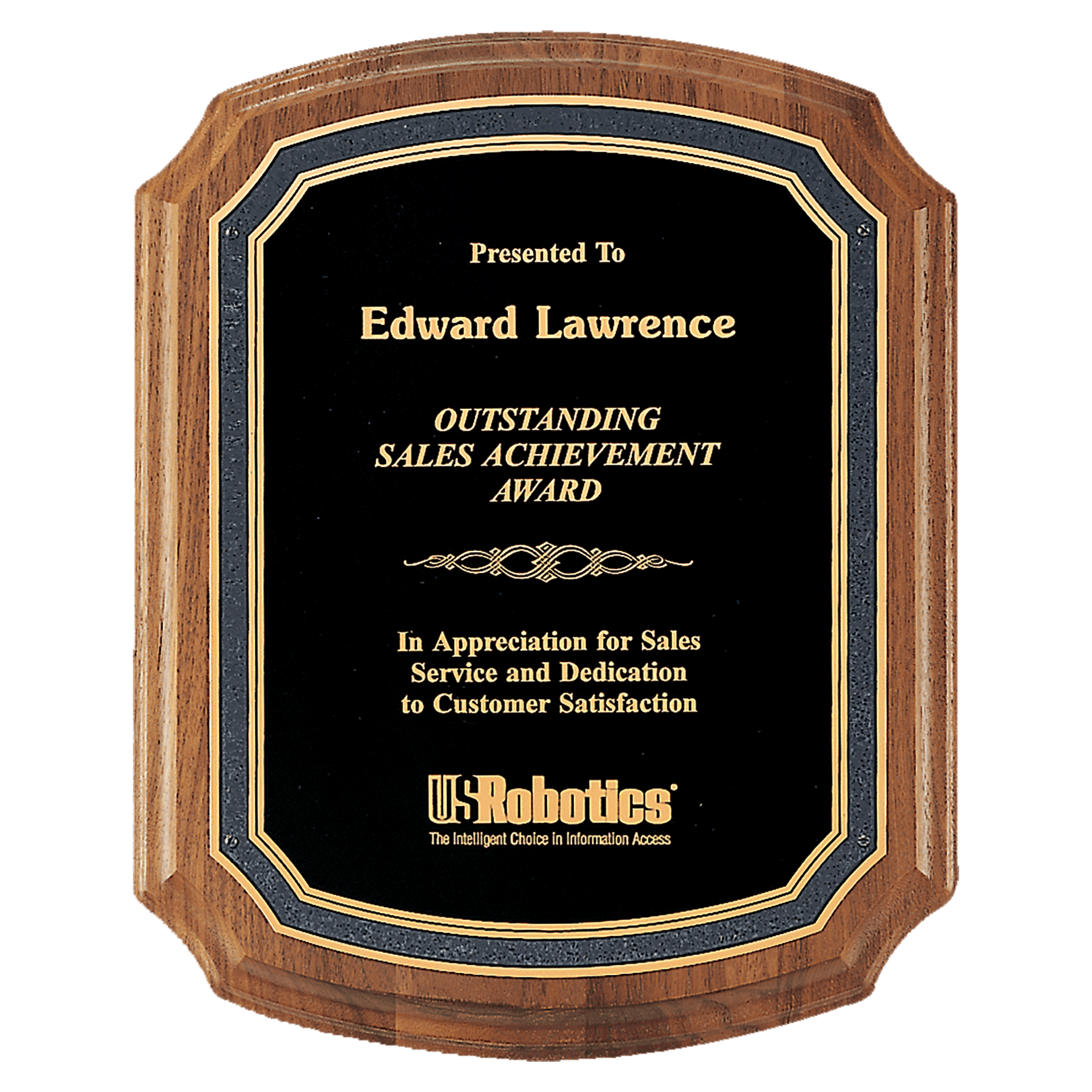 Walnut Plaque with Black/Gold Florentine Border Textured Black 8" x 10 1/2" American Plate