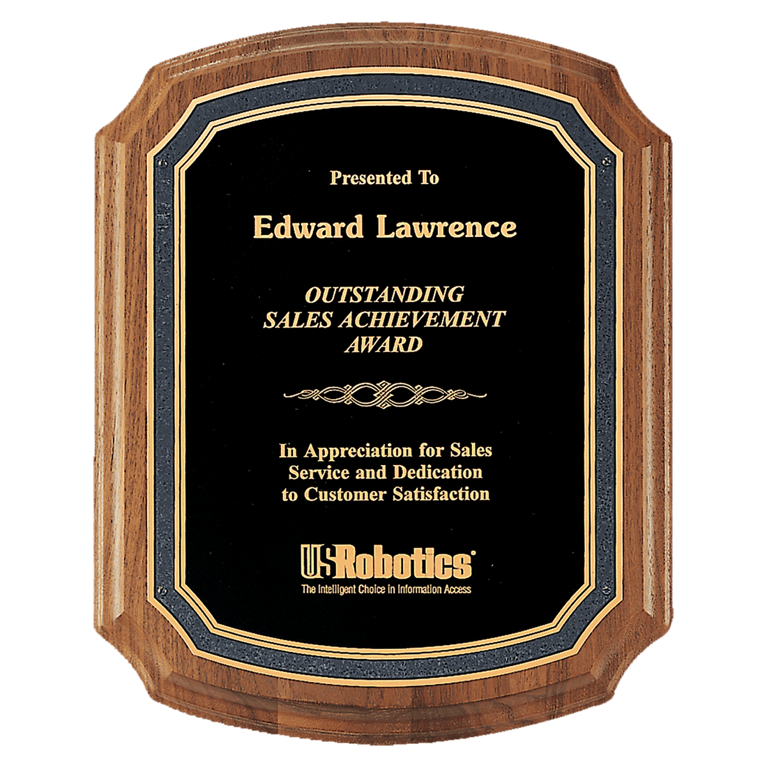 Walnut Plaque with Black/Gold Florentine Border Textured Black 10 1/2" x 13" American Plate