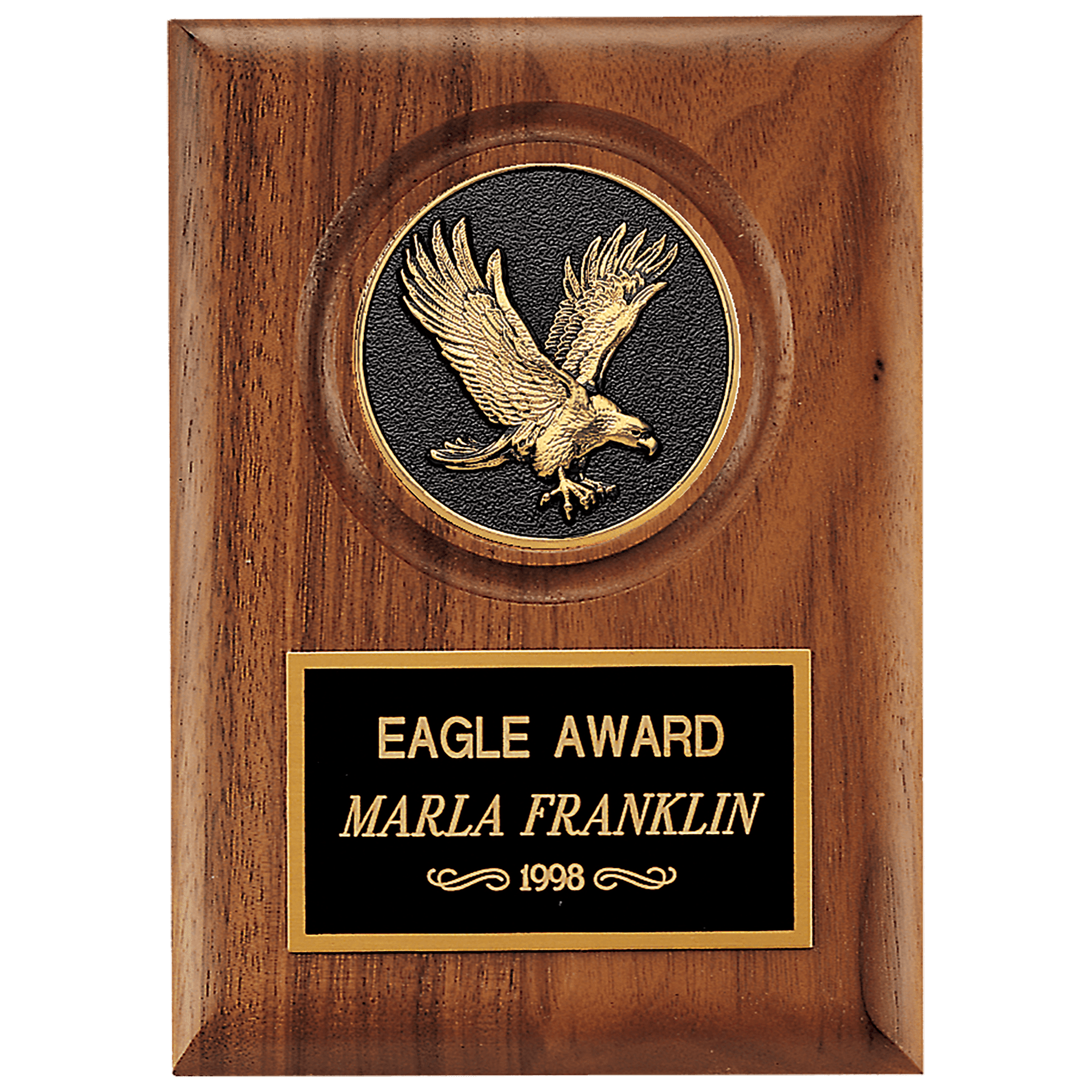 Solid American Walnut Plaque with Finely Detailed Black and Gold Metal Eagle Medallion and Black Laserable Personalization Plate