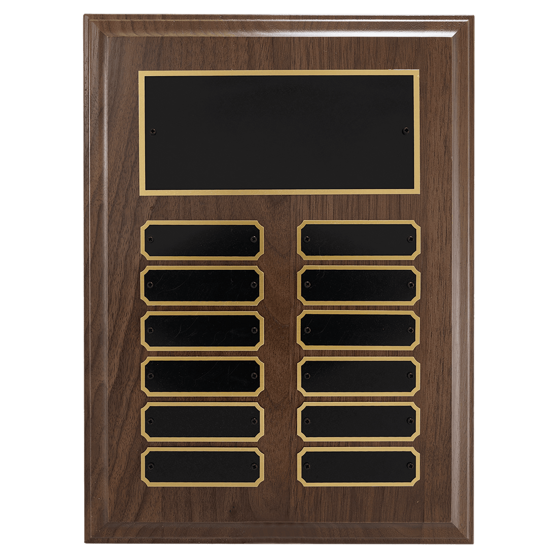 9" x 12"/Plates 7/8" x 2 3/4" Walnut Step-Edge 12 Plate Perpetual Plaque with Black Brass Plate