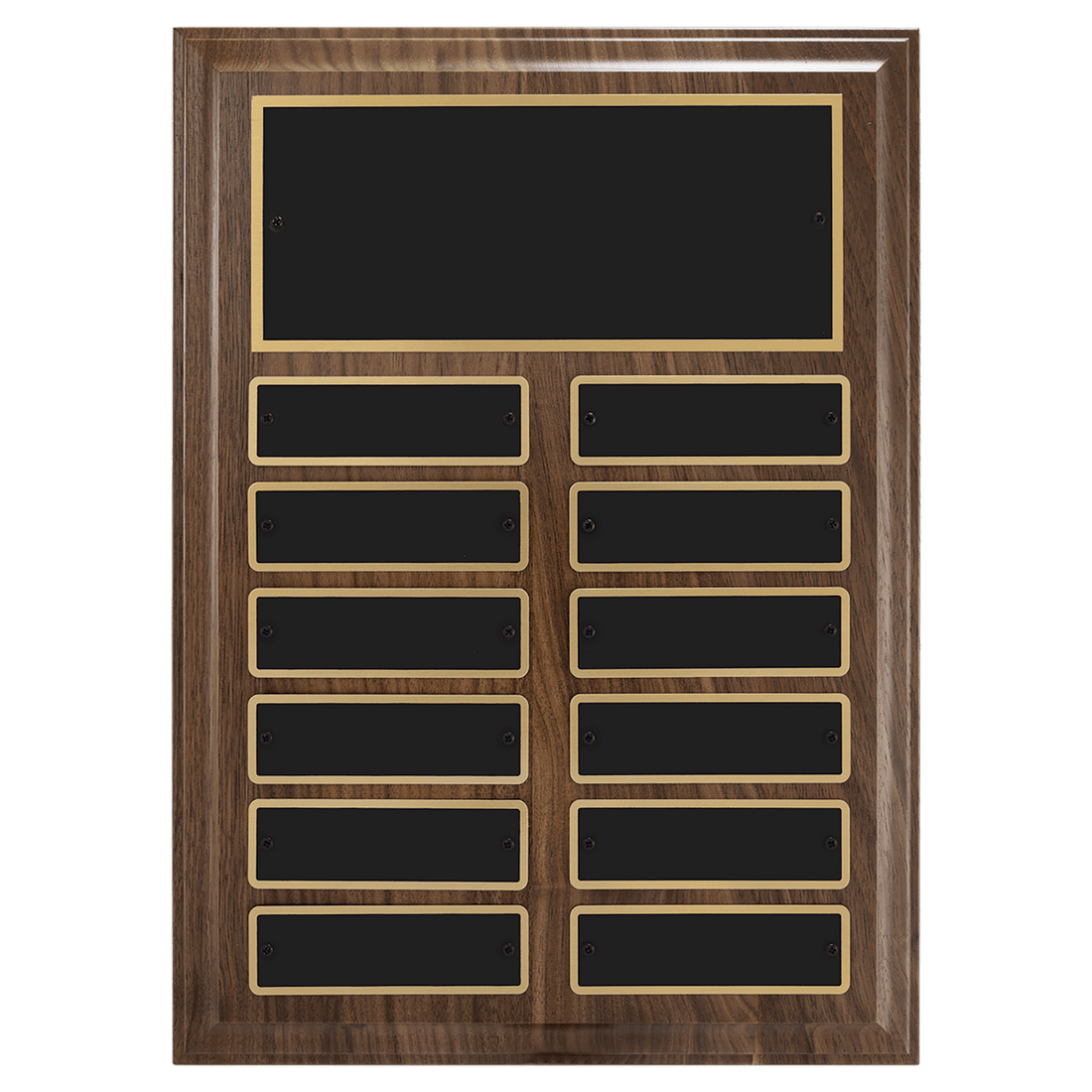9" x 12"/Plates 1" x 3 1/4" Walnut Step-Edge 12 Plate Perpetual Plaque with Black Brass Plate