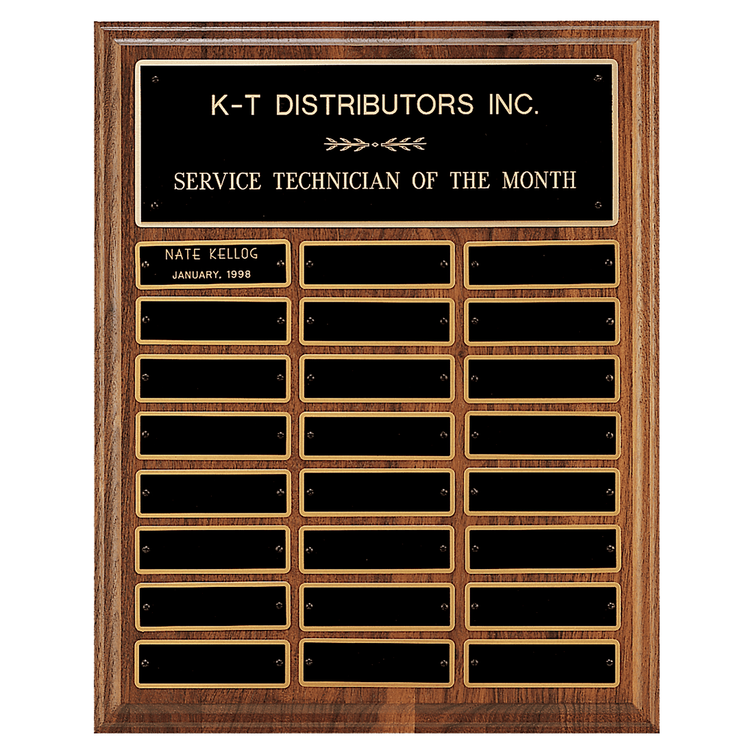 12" x 15"/Plates 1" x 3 1/4" Walnut Step-Edge 24 Plate Perpetual Plaque with Black Brass Plate