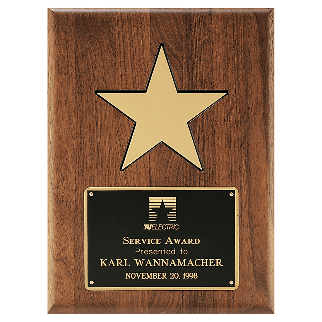 9" X 12" Gold Aluminum Star on a Solid Walnut Plaque with Black Recessed Area and Black LaserFX Plate