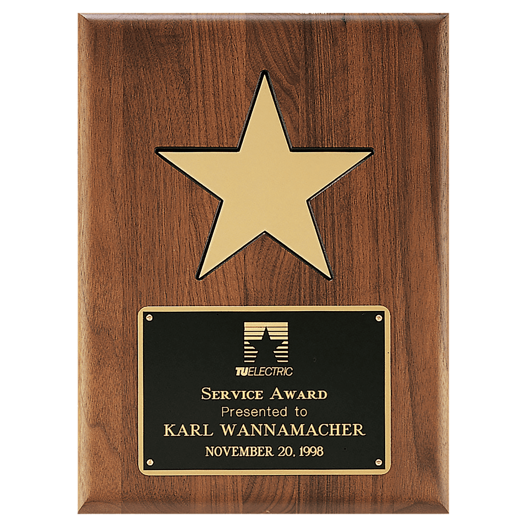 9" X 12" Gold Aluminum Star on a Solid Walnut Plaque with Black Recessed Area and Black LaserFX Plate