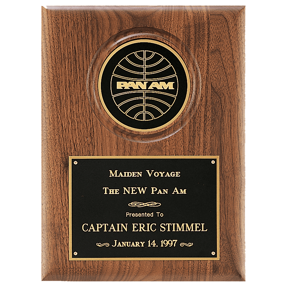 Walnut Plaque with 4" Diameter Black Disc and Black Brass 9" x 12" American Plate