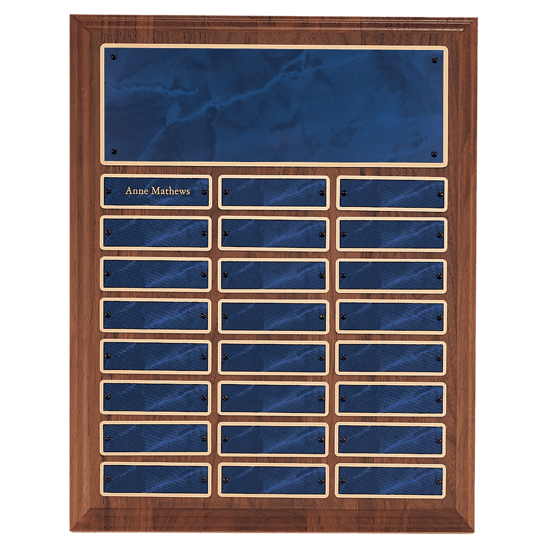 12" x 15"/Plates 1" x 3 1/4" American Walnut 24 Plate Perpetual Plaque with Sapphire Marble Brass Plates
