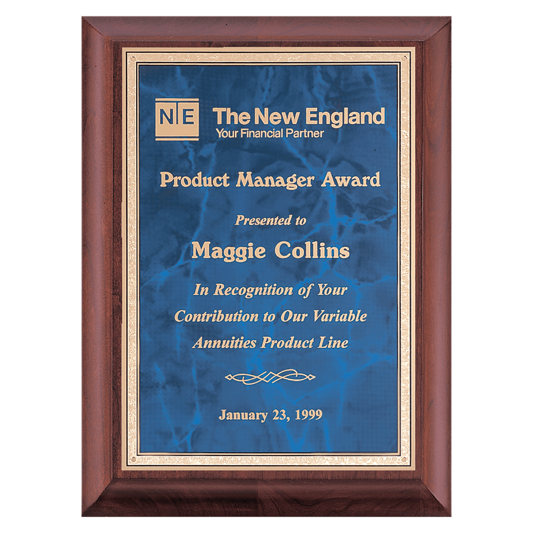 Cherry Finish Plaque with Sapphire Marble Gold 9" x 12" Hand Rubbed Border LaserFX Plate