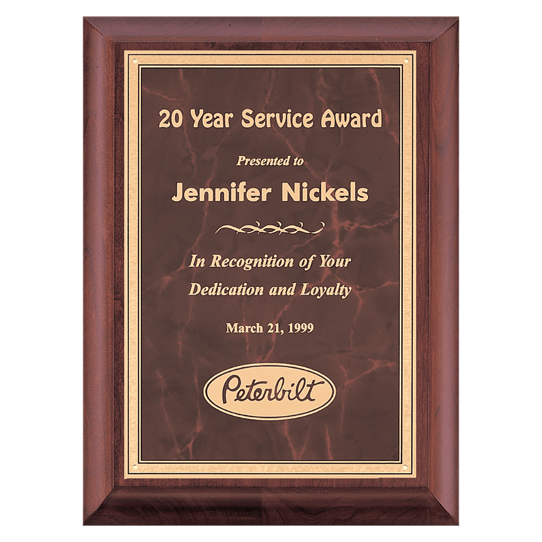 Cherry Finish Plaque with Ruby Marble Gold 7" x 9" Hand Rubbed Border LaserFX Plate