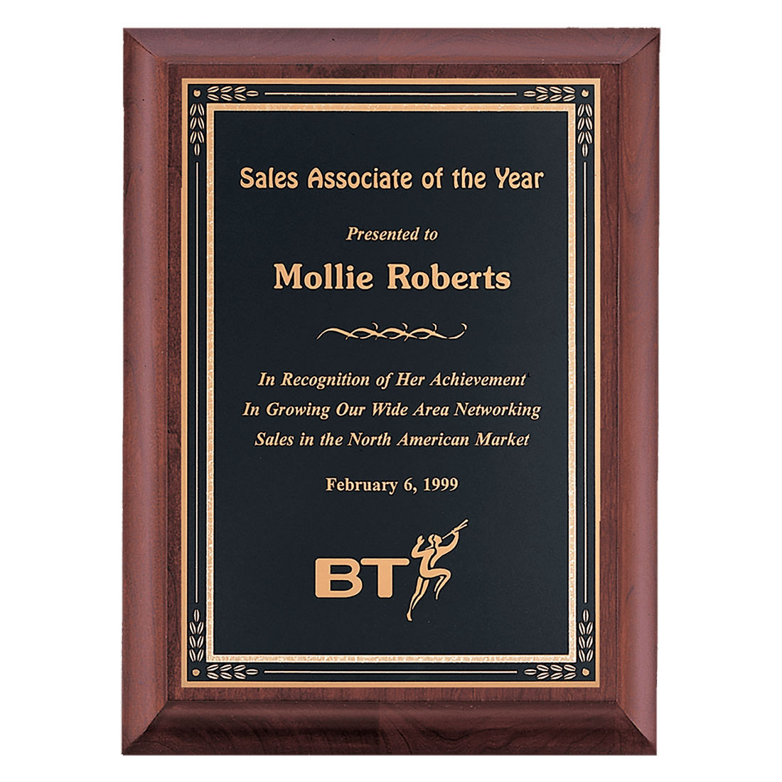 Cherry Finish Plaque with Black Gold 7" x 9" Hand Rubbed Florentine Border LaserFX Plate