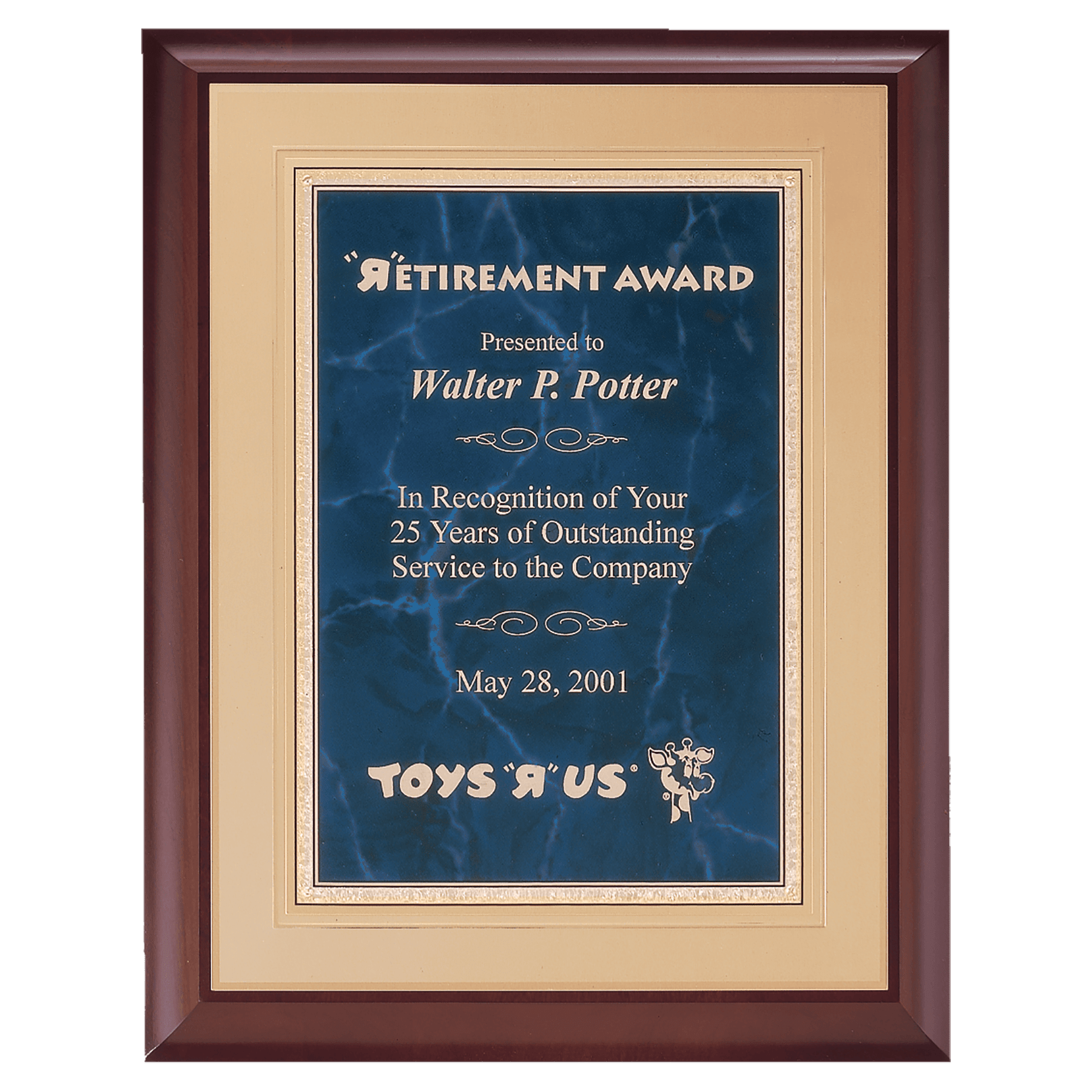 Cherry Finish Plaque with a Sapphire Gold Border Florentine LaserFX Plate on an Gold 11" x 14" Hand Rubbed Embossed Back Plate