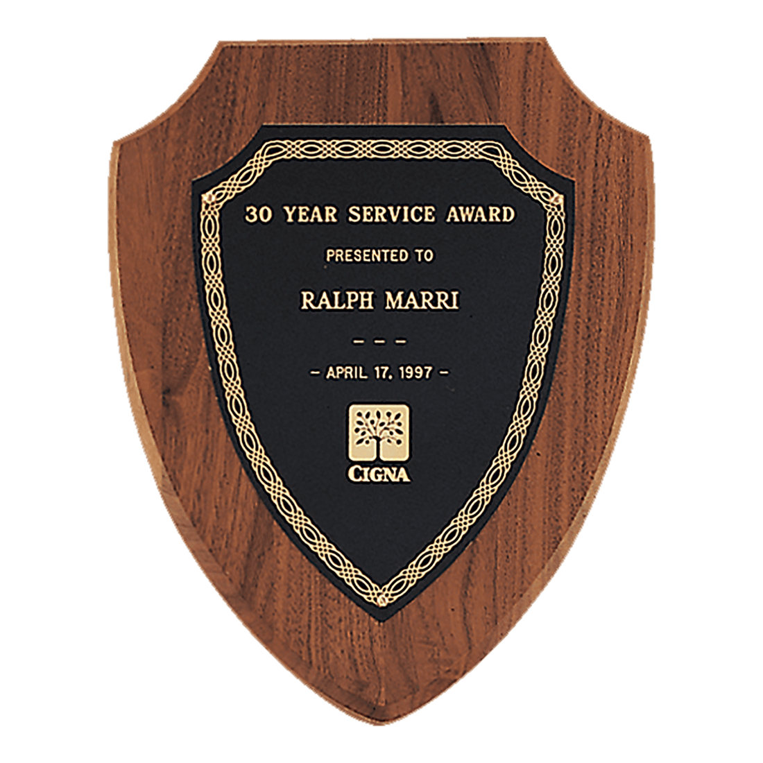 10" x 12" Jewelers Black Laserable Gold Border Shield Plate on an American Walnut Shield Plaque- Sheffield Series