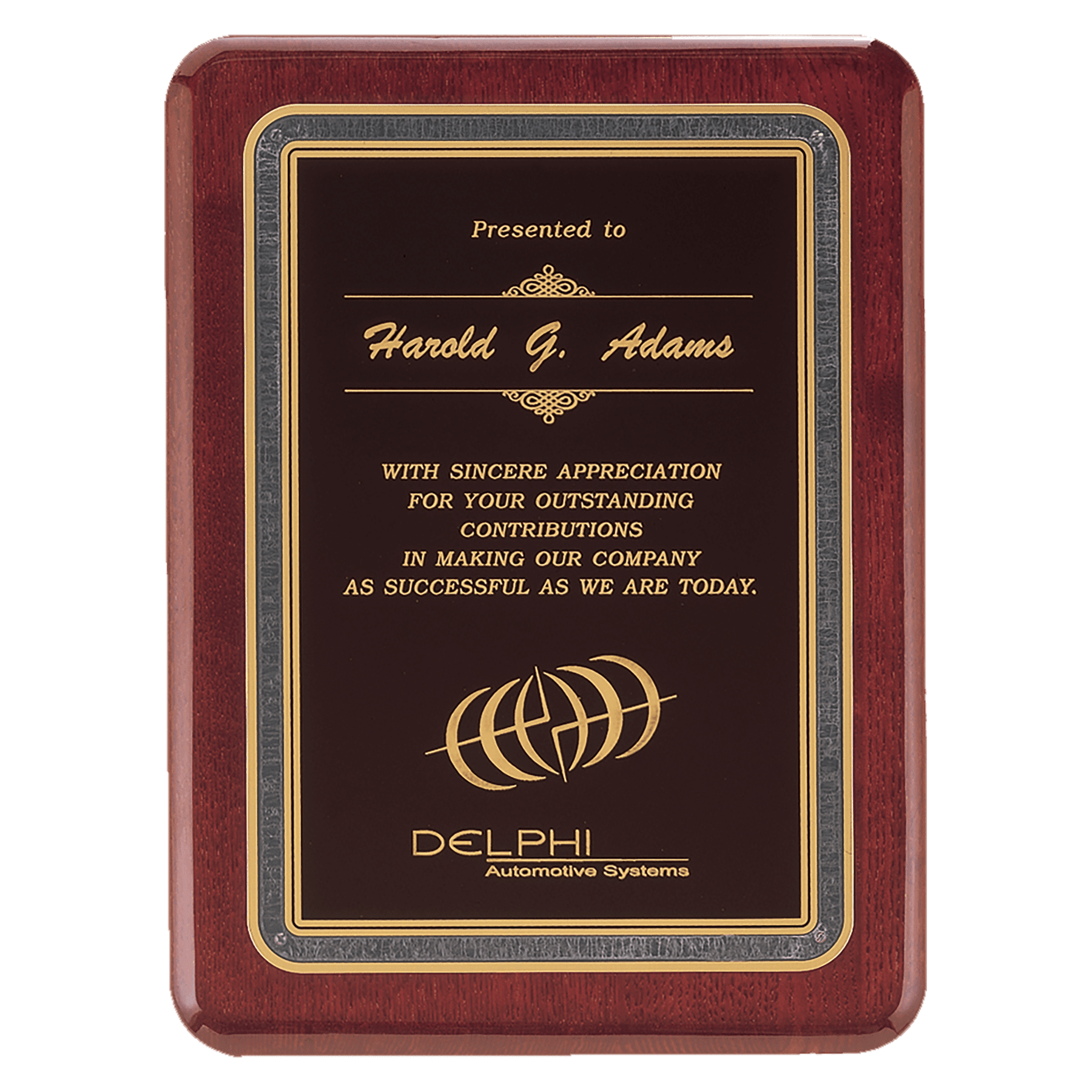 Rosewood Piano Finish Plaque with Black/Gold 9" x 12" Florentine Design LaserFX Plate