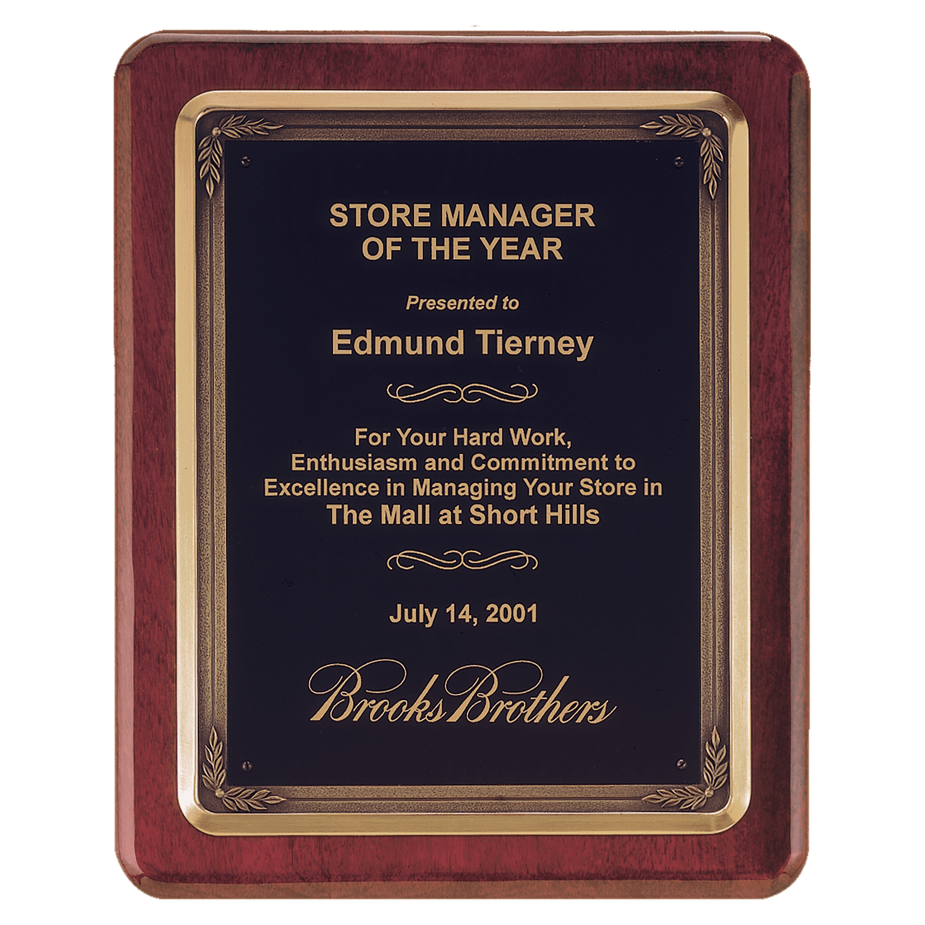 Rosewood Piano Finish Plaque w/Bronze Finish Cast Frame and Black Brass 10 1/2" x 13" Plate