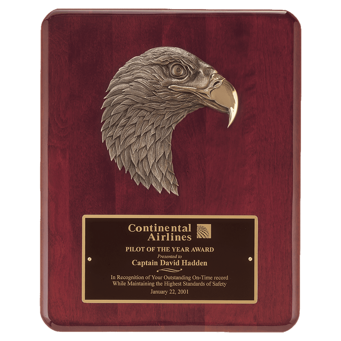 8" X 10 1/2" Rosewood Piano Finish Plaque with Finely Detailed Bronze Eagle Head Casting with Black Laserable Brass Plate