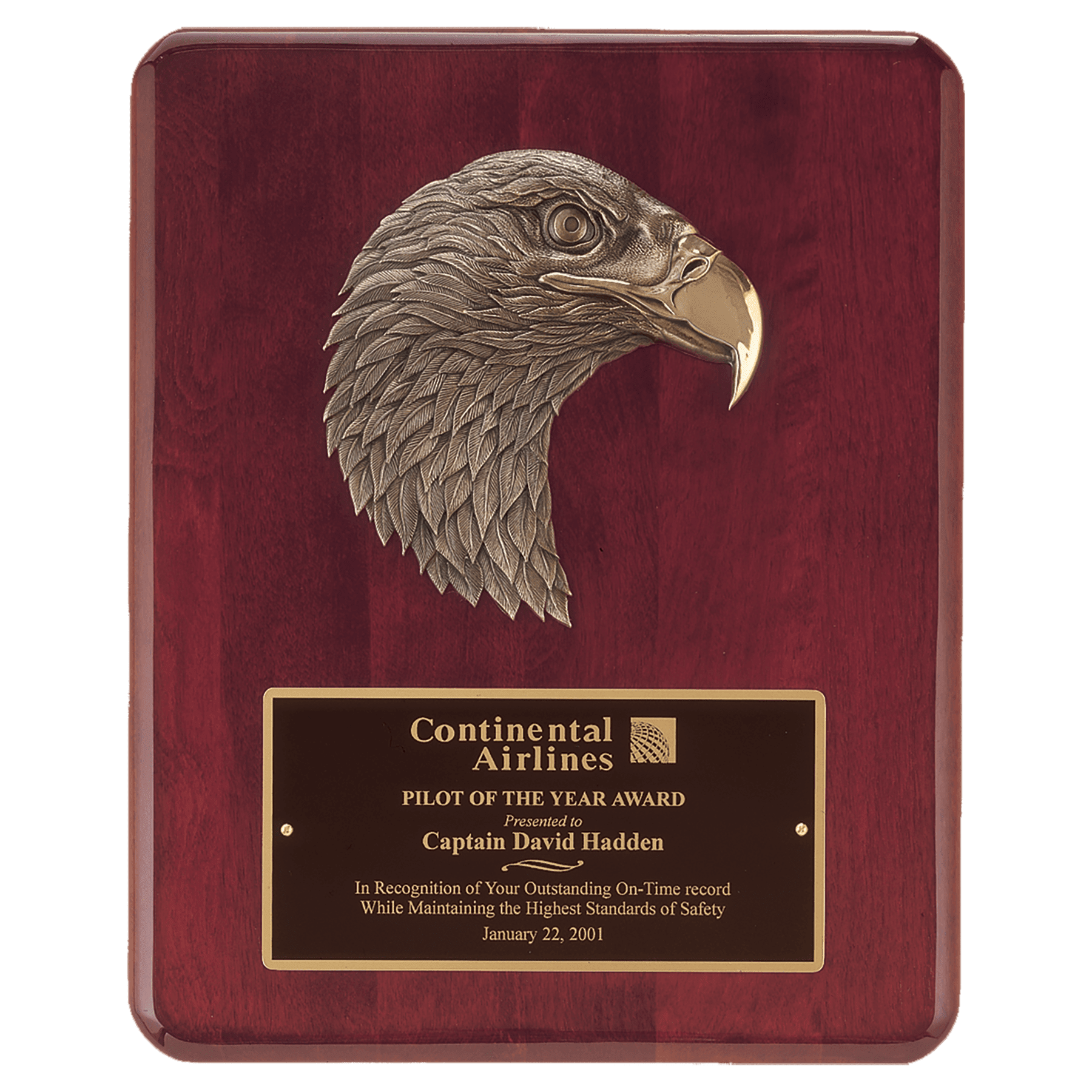 Rosewood Piano Finish Plaque with Finely Detailed Bronze Eagle Head Casting with Black Laserable Brass 10 1/2" x 13" Plate