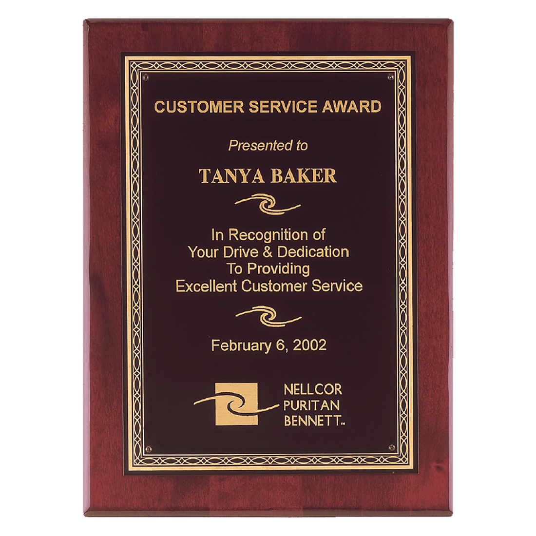 Rosewood Piano Finish Plaque with Gold Florentine Border Laserable Black Brass 8" x 10" Airflyte Premium Plate