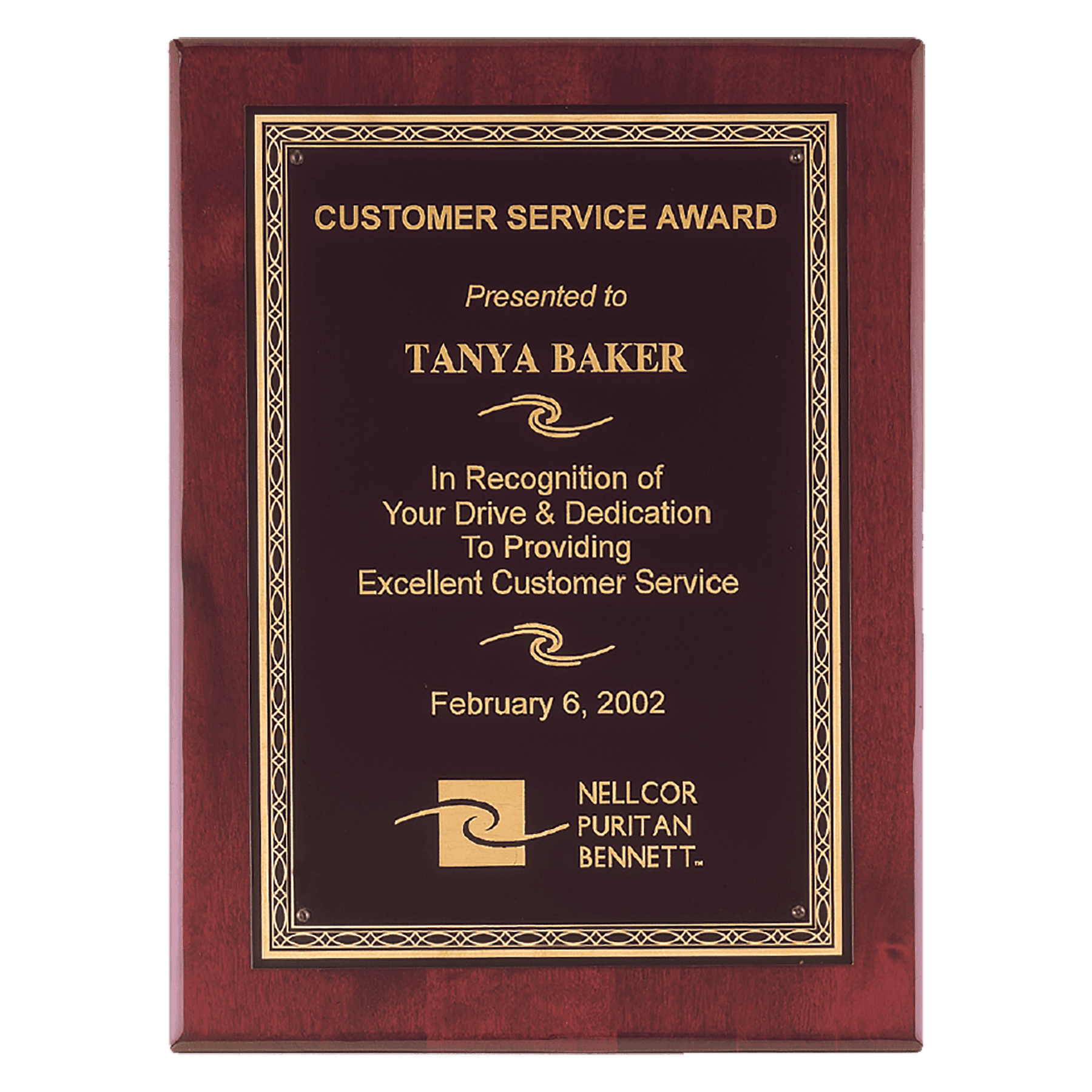 Rosewood Piano Finish Plaque with Gold Florentine Border Laserable Black Brass 9" x 12" Airflyte Premium Plate