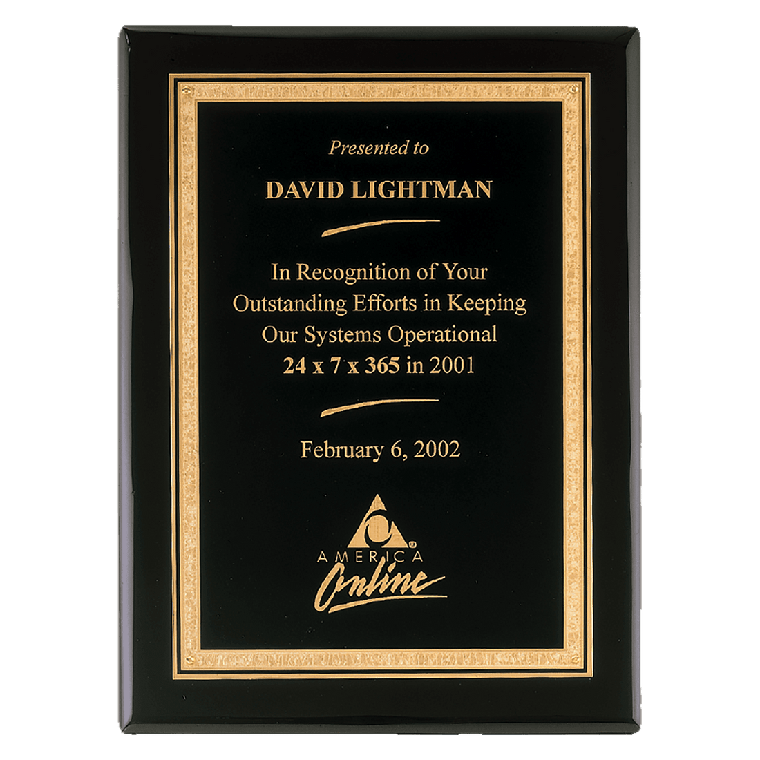 11" x 14" Airflyte Premium Black Piano Finish Plaque with Gold Florentine Border LaserFX Plate