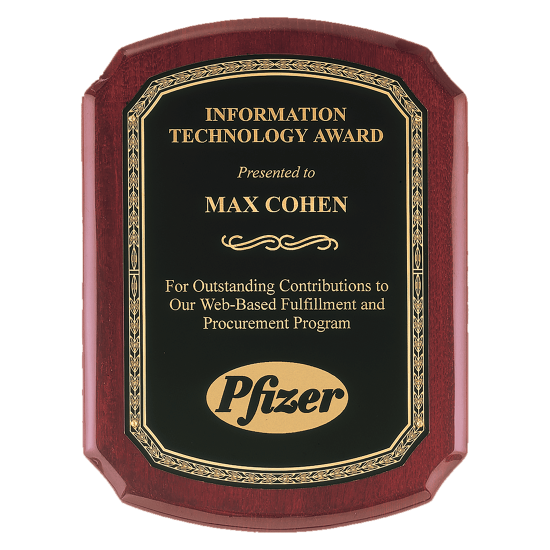 10 1/2" x 13" Airflyte Rosewood Piano Finish Plaque with Black Florentine Gold LaserFX Plate