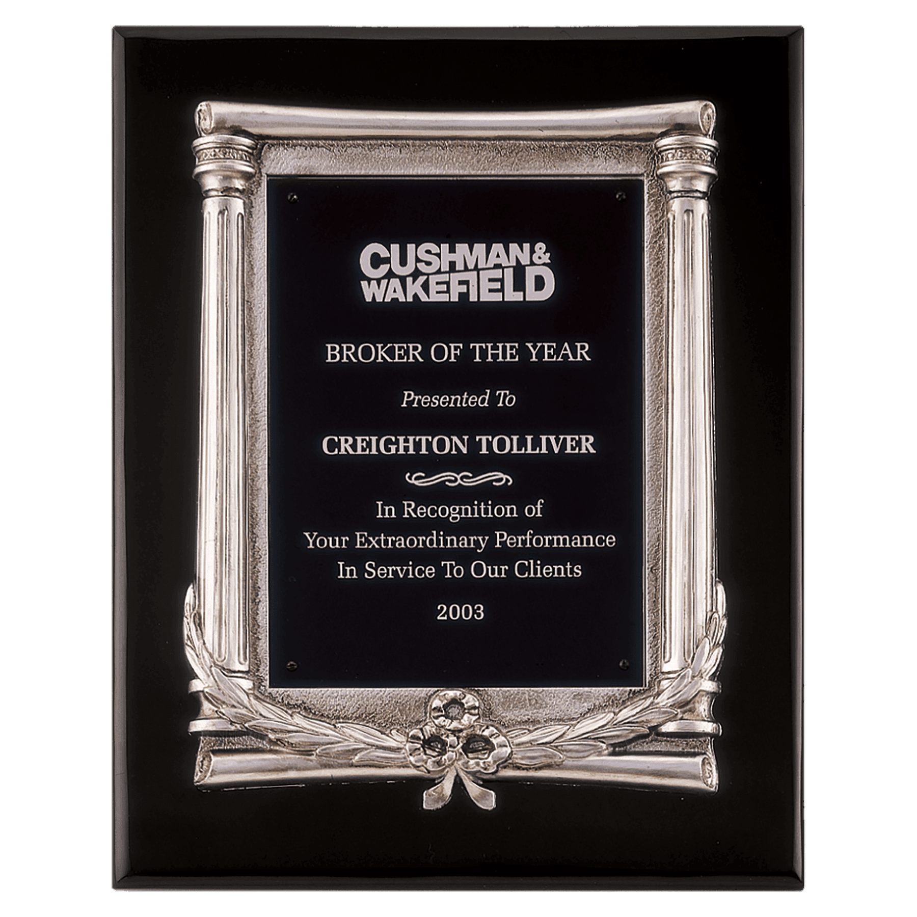 10 1/2" x 13" Black Piano Finish Plaque, Antique Silver Frame Casting & Black Aluminum Plate