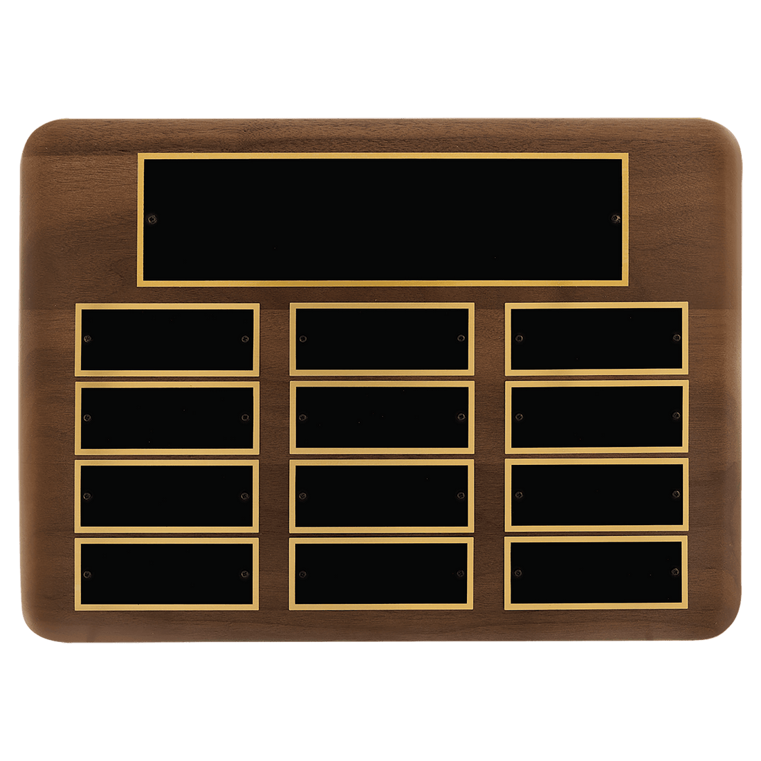 Walnut 12 Plate Perpetual Plaque with Black Brass 11" x 15"/Plates 1 1/2" x 3 3/4" American Plates