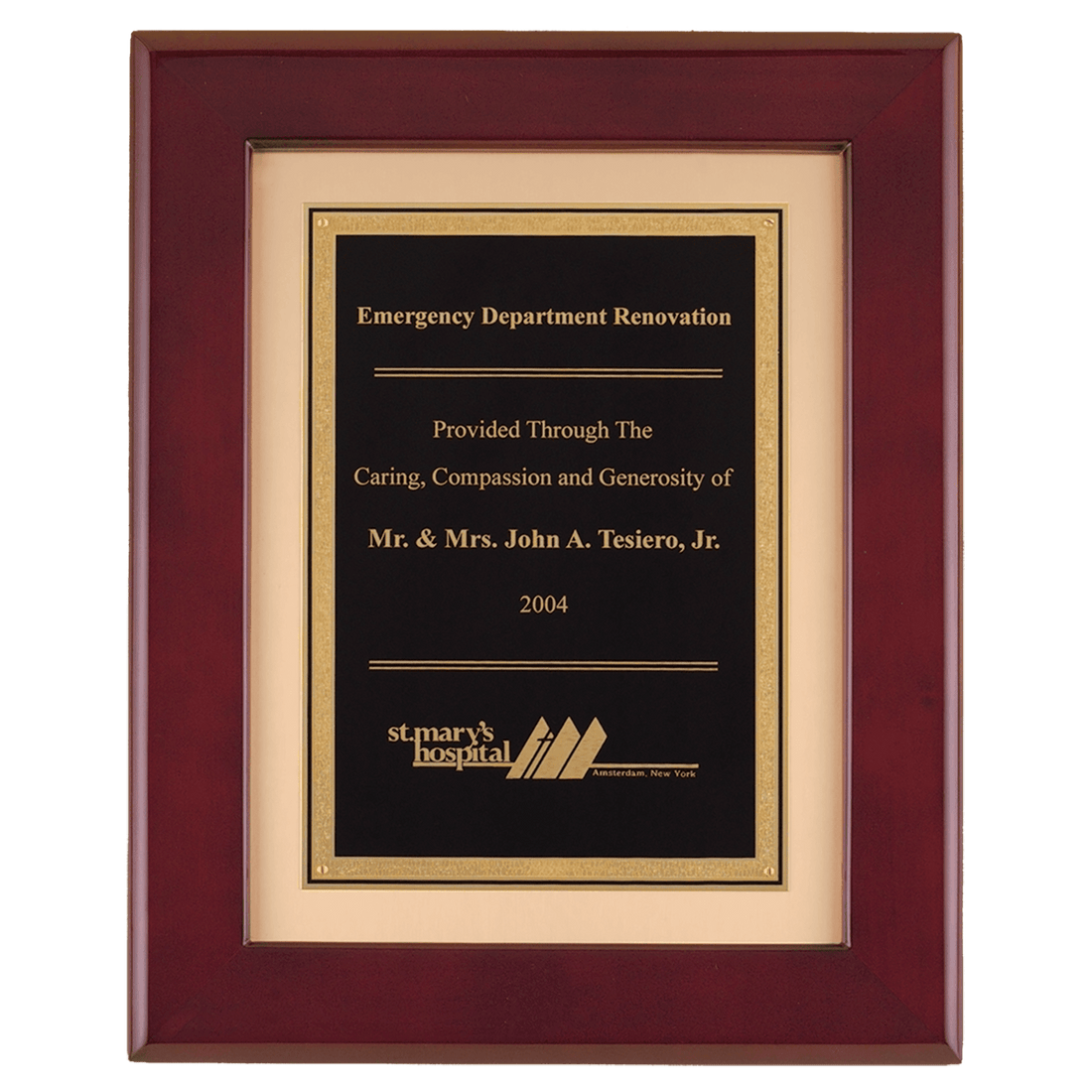 12" x 15" Rosewood Piano Finish Frame with Black LaserFX Plate on Brushed Gold Metal Background