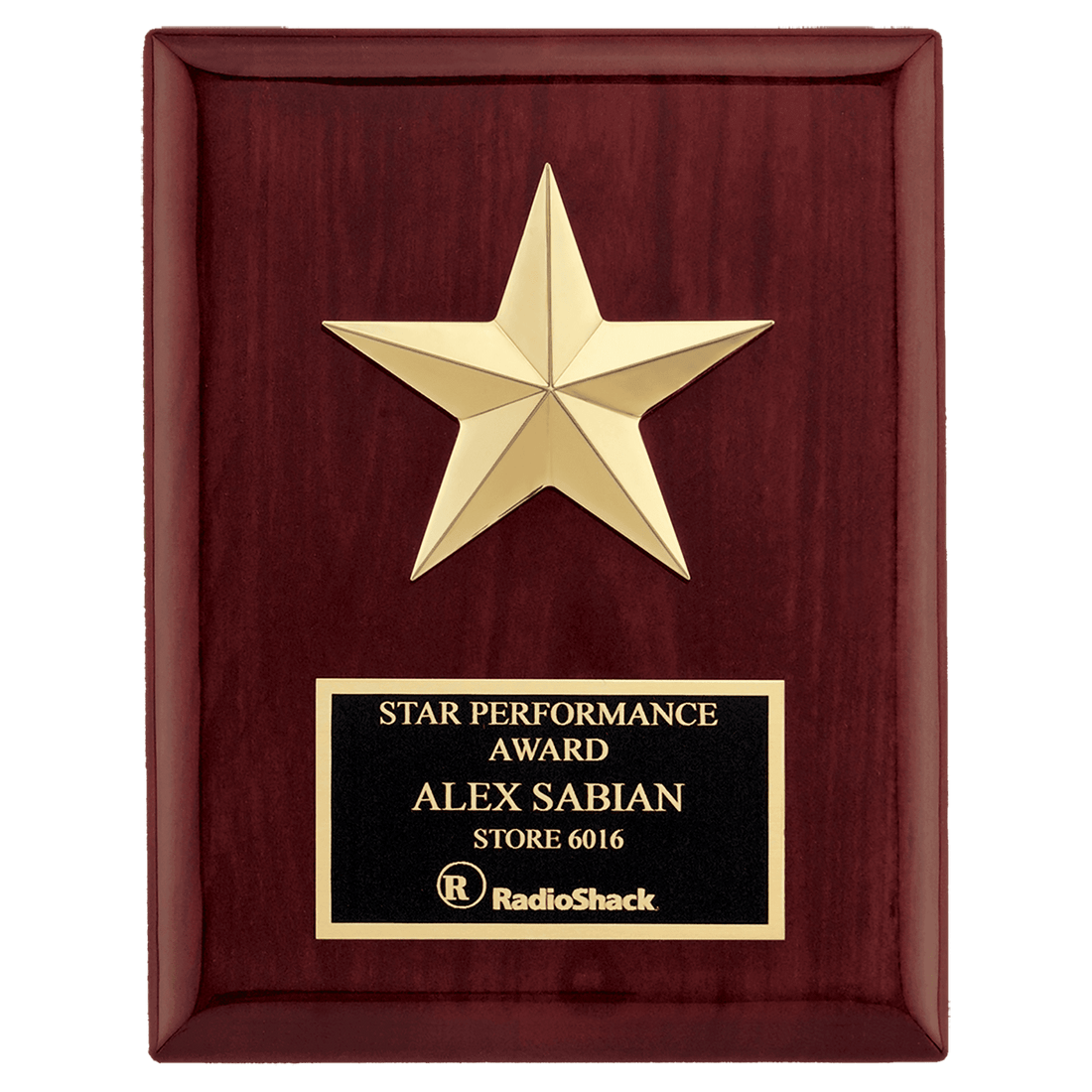 6" x 8" Star Casting with Gabled Points and Goldtone Finish on a Rosewood Piano Finish Plaque with a Black Laserable Plate