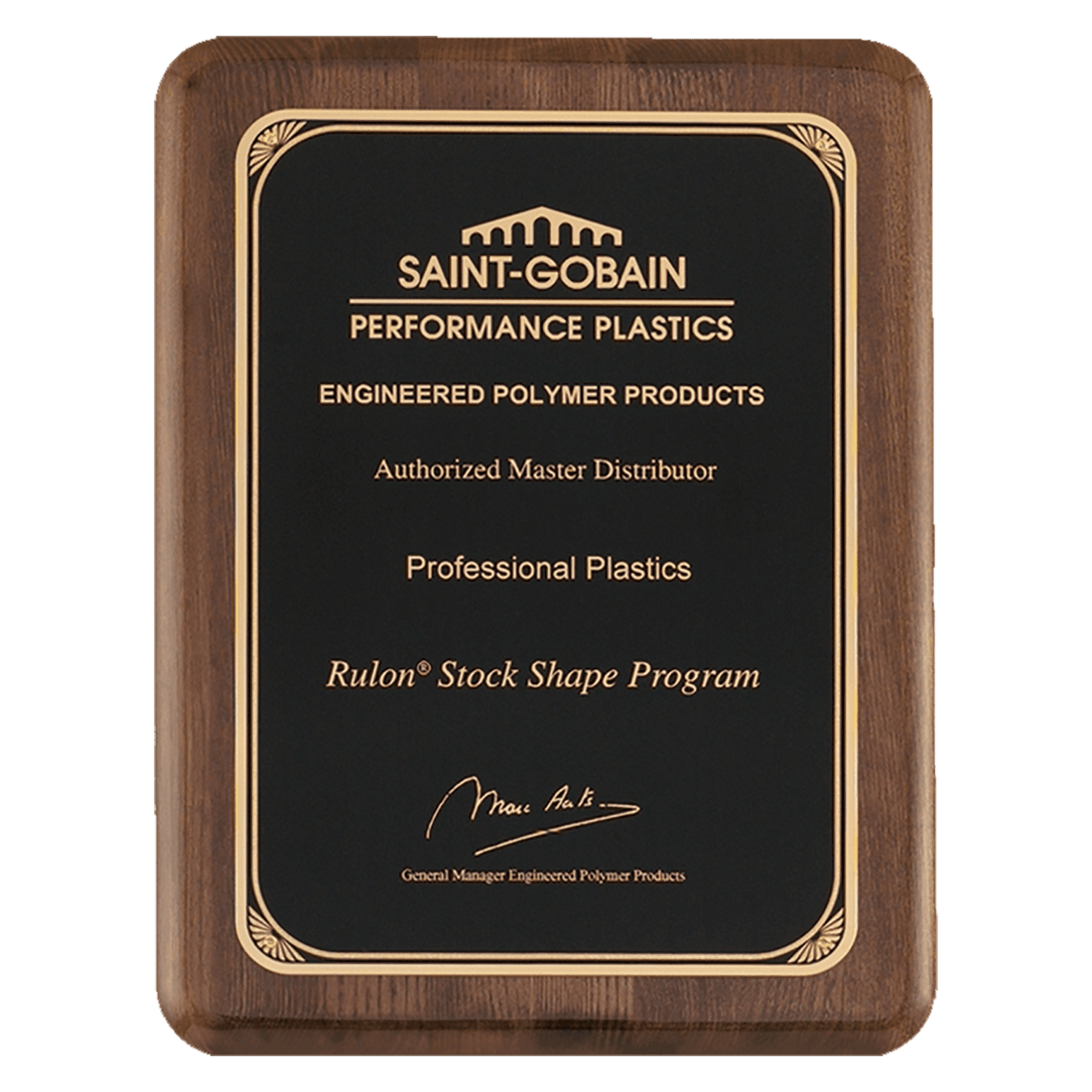 Walnut Piano Finish Plaque with Gold 7" x 9" Airflyte Premium Florentine Border LaserFX Plate