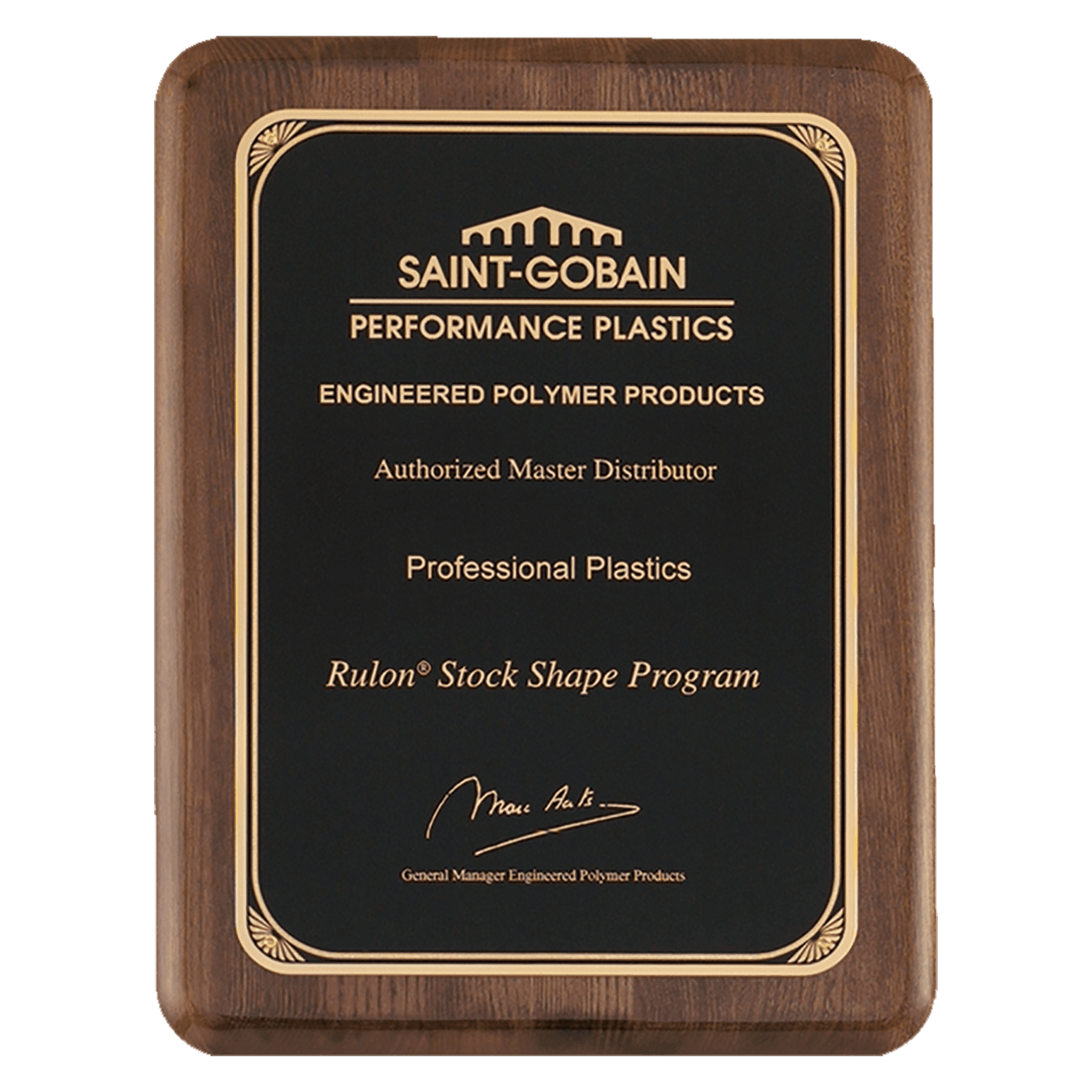 8" x 10 1/2" Airflyte Premium Walnut Piano Finish Plaque with Gold Florentine Border LaserFX Plate