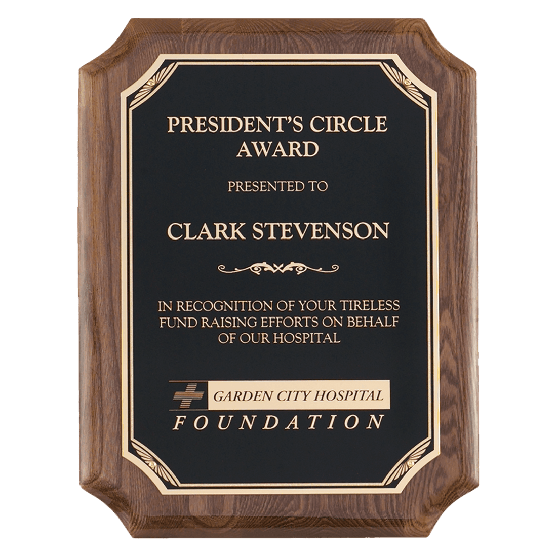 8" x 10" Airflyte Walnut Piano Finish Plaque with Gold Florentine Border Black LaserFX Plate