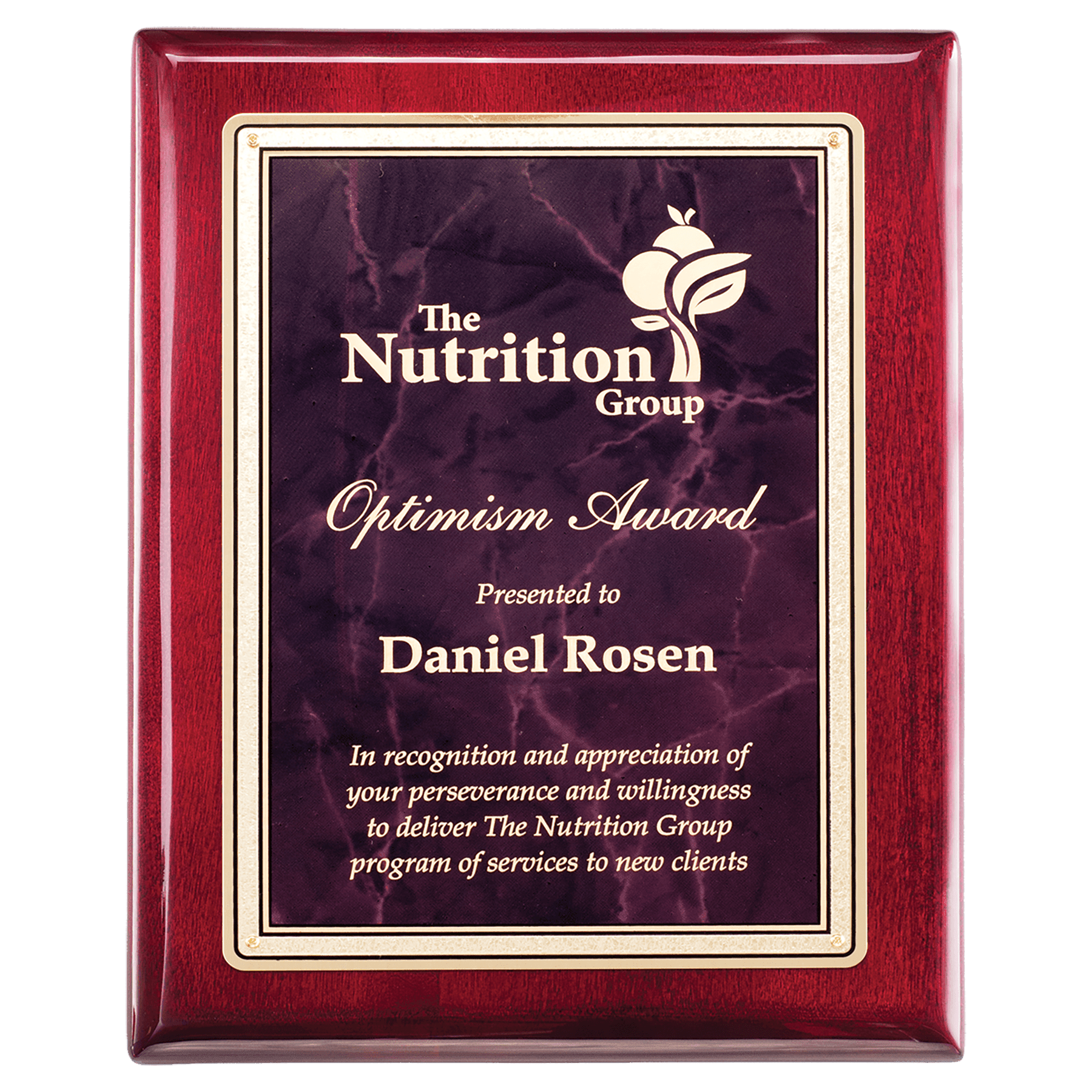 Rosewood Piano Finish Plaque with Ruby Marble/Gold 7" x 9" Florentine Design LaserFX Plate