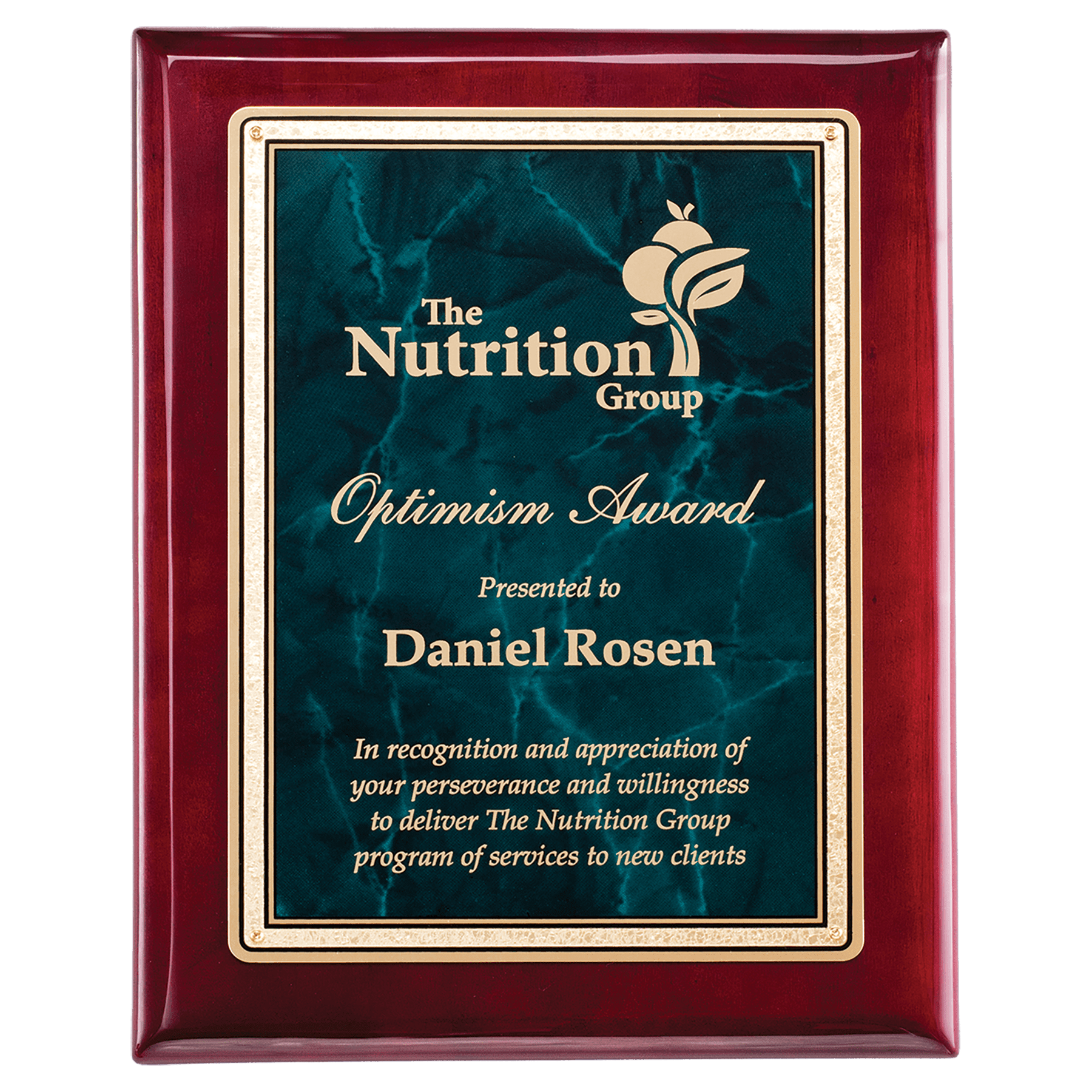 Rosewood Piano Finish Plaque with Emerald Marble/Gold 7" x 9" Florentine Design LaserFX Plate