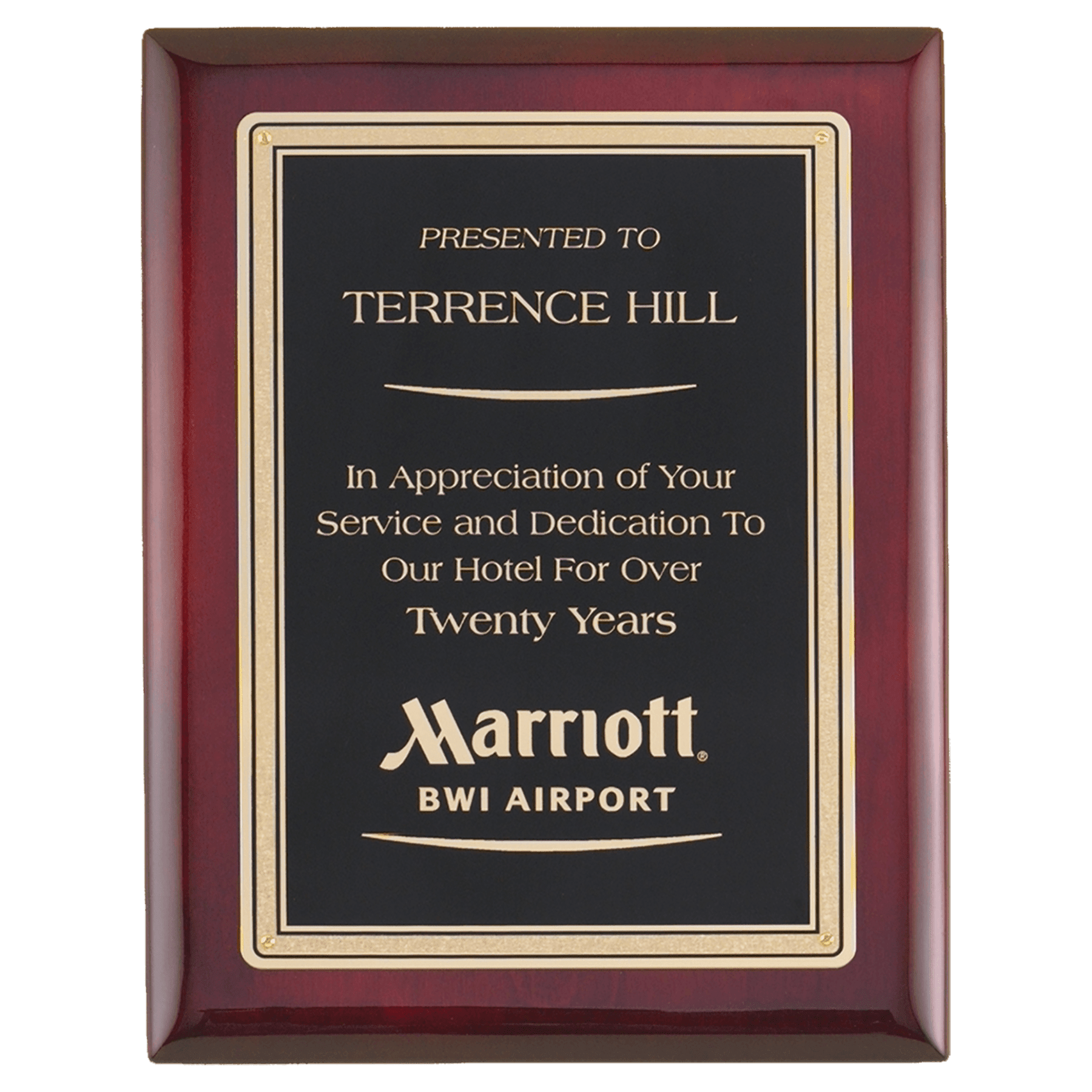 Rosewood Piano Finish Plaque with Gold Border Black Airflyte Premium LaserFX Plate