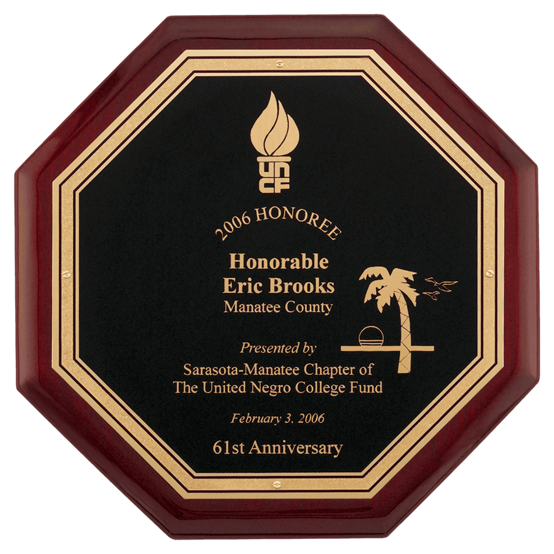 10" x 10" Octagonal Rosewood Piano Finish Plaque with Black Florentine LaserFX Plate