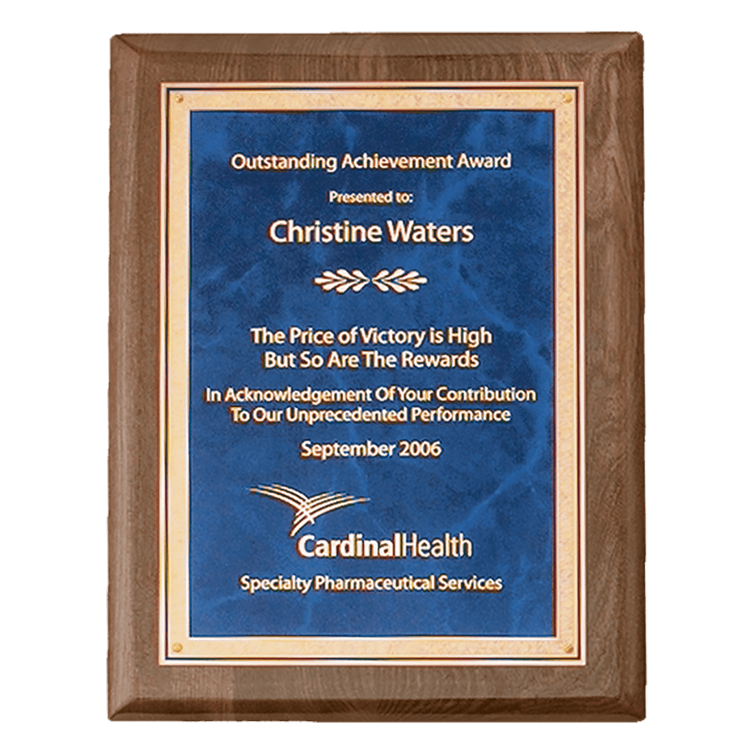 Walnut Piano Finish Plaque with Gold 8" x 10 1/2" Airflyte Premium Florentine Border Sapphire Marble LaserFX Plate