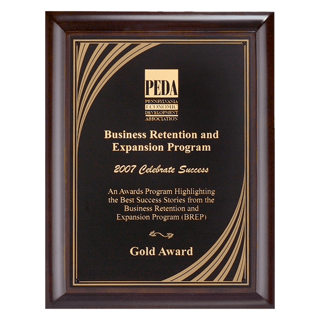 9" x 12" Hand Rubbed Cherry Finish Plaque with Cascading Gold Swirl Design Laserable Black Brass Plate