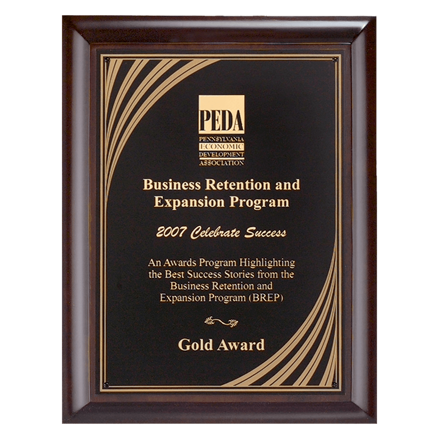 11" x 14" Hand Rubbed Cherry Finish Plaque with Cascading Gold Swirl Design Laserable Black Brass Plate