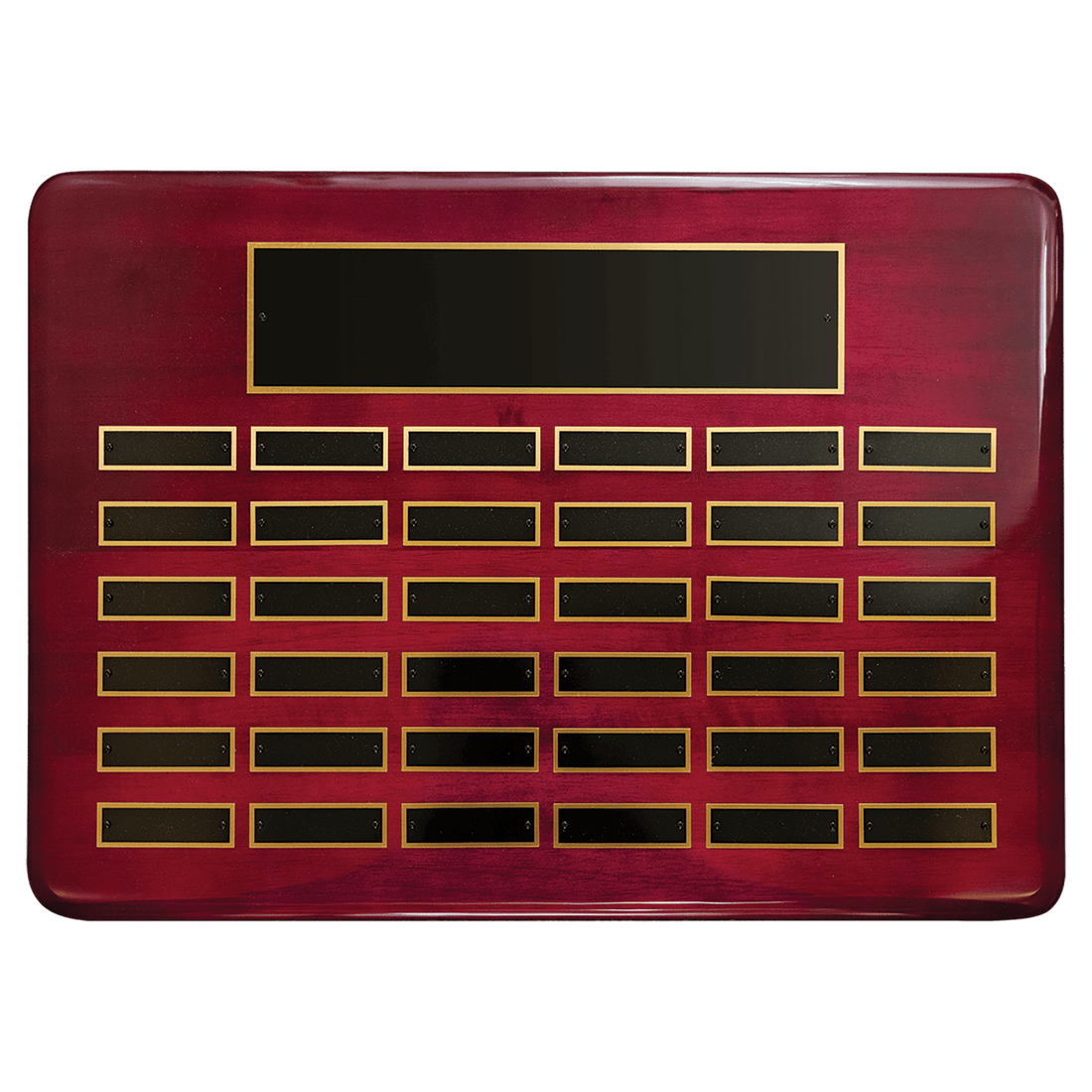 Rosewood Piano Finish 36 Plate Perpetual Plaque with Black Brass 15" x 21"/Plates 7/8" x 2 3/4" Plates