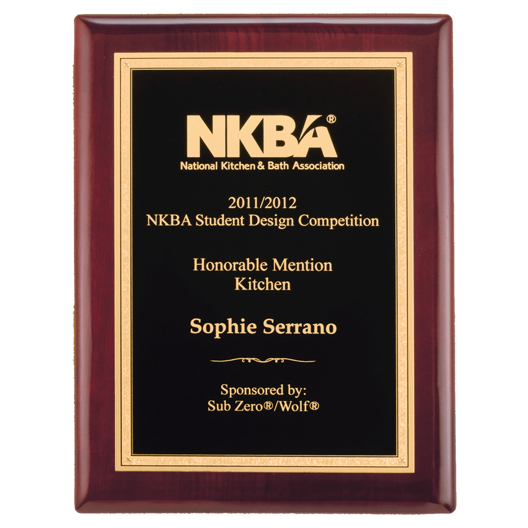 Rosewood Piano Finish Plaque with Textured Black/Gold 7" x 9" Airflyte Florentine Border LaserFX Plate