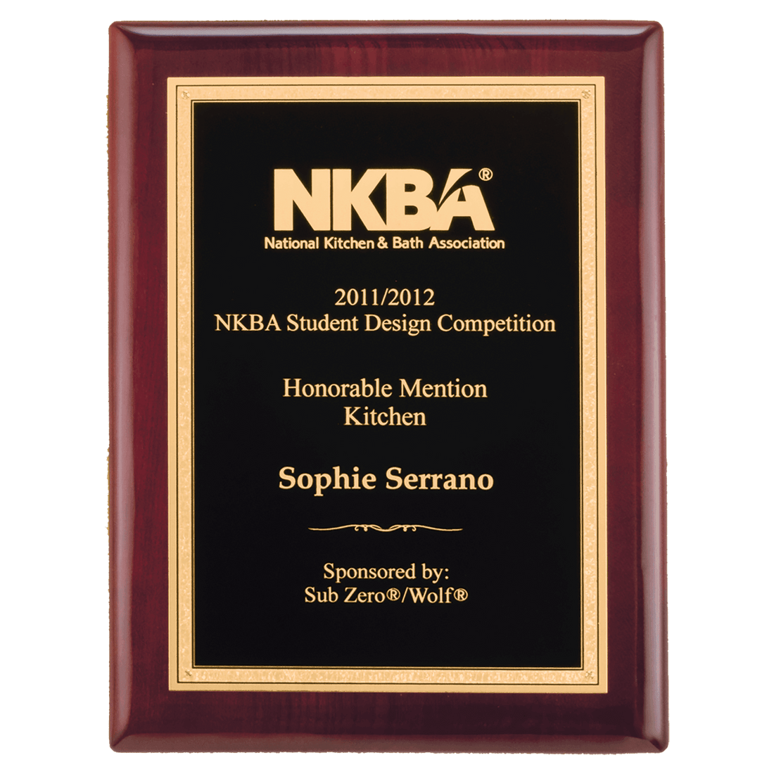 Rosewood Piano Finish Plaque with Textured Black/Gold 9" x 12" Airflyte Florentine Border LaserFX Plate