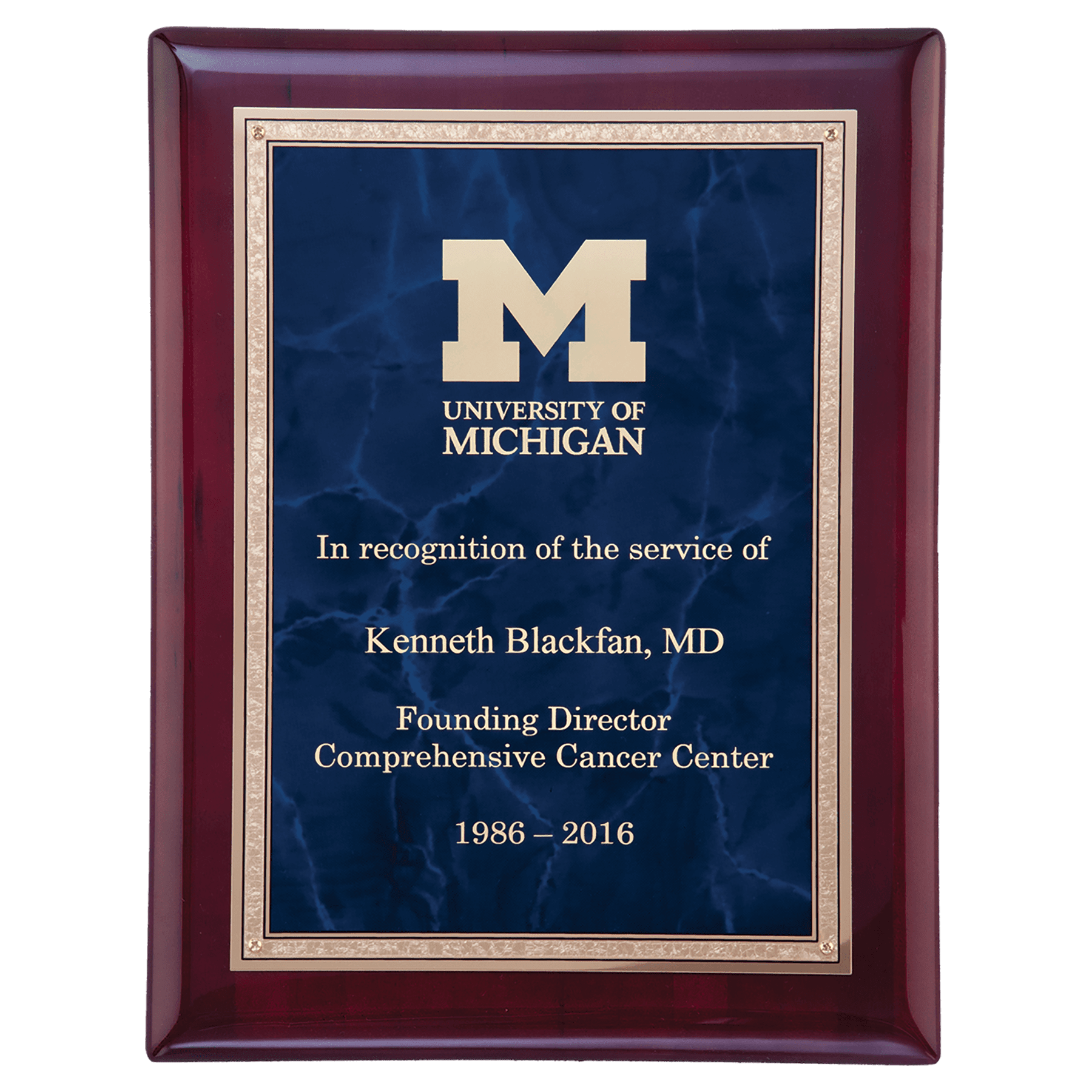 Rosewood Piano Finish Plaque with Sapphire Marble with Gold 7" x 9" Airflyte Florentine Border LaserFX Plate