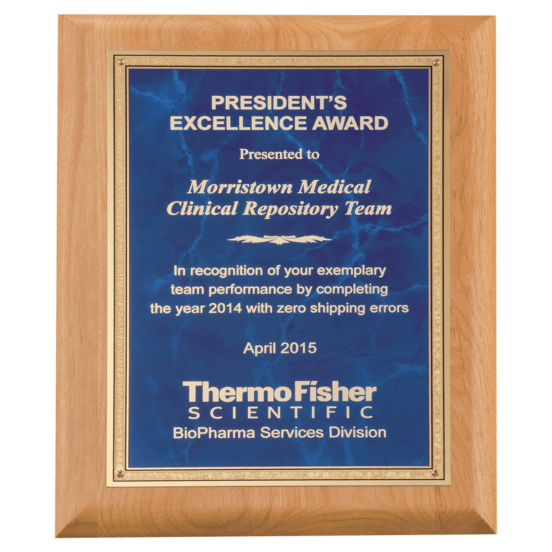 Alder Wood Plaque with Sapphire Marble Gold 8" x 10" Natural Florentine Bordered LaserFX Plate