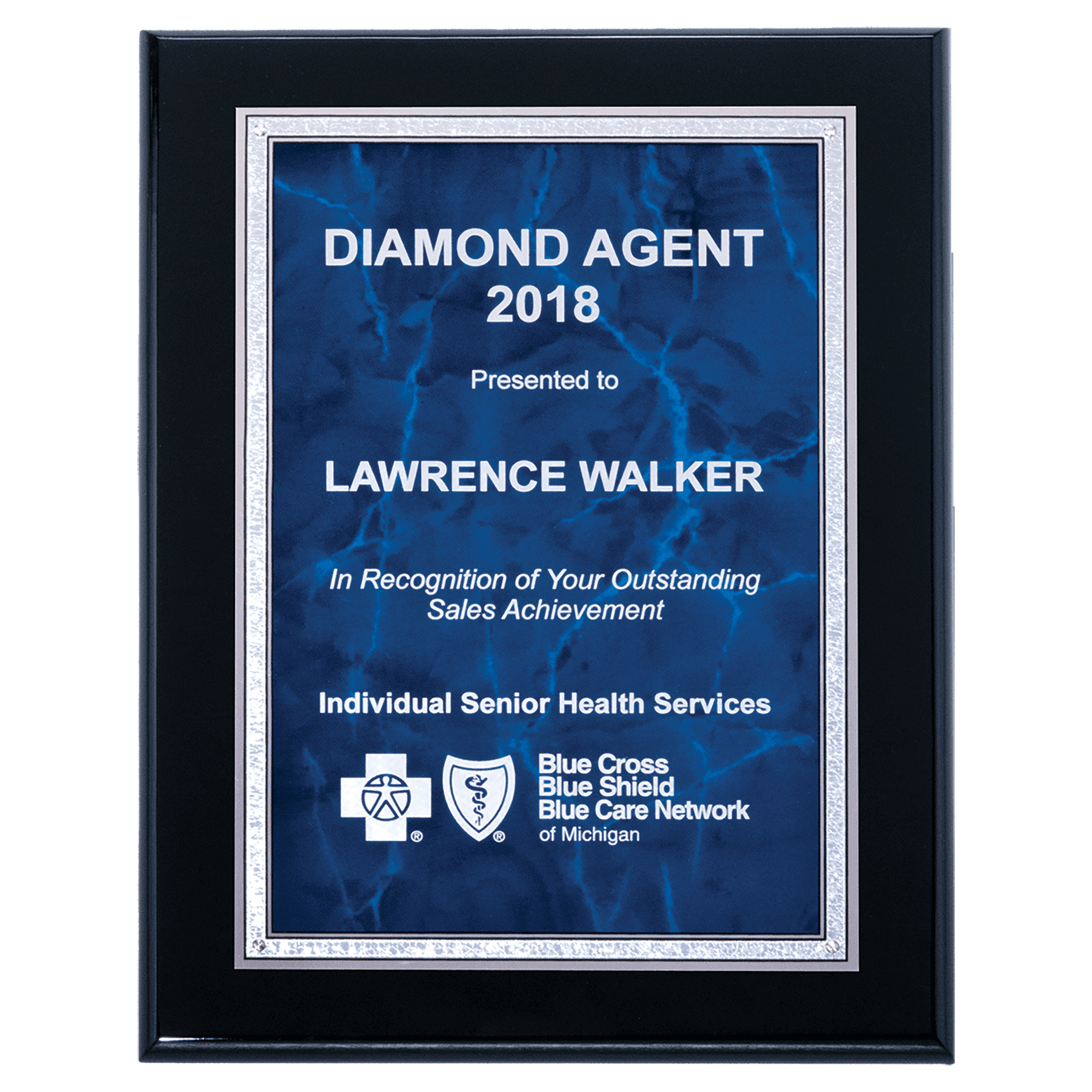 Black High Gloss Plaque with Sapphire Marble/Silver 9" x 12" Airflyte Florentine Border Plate