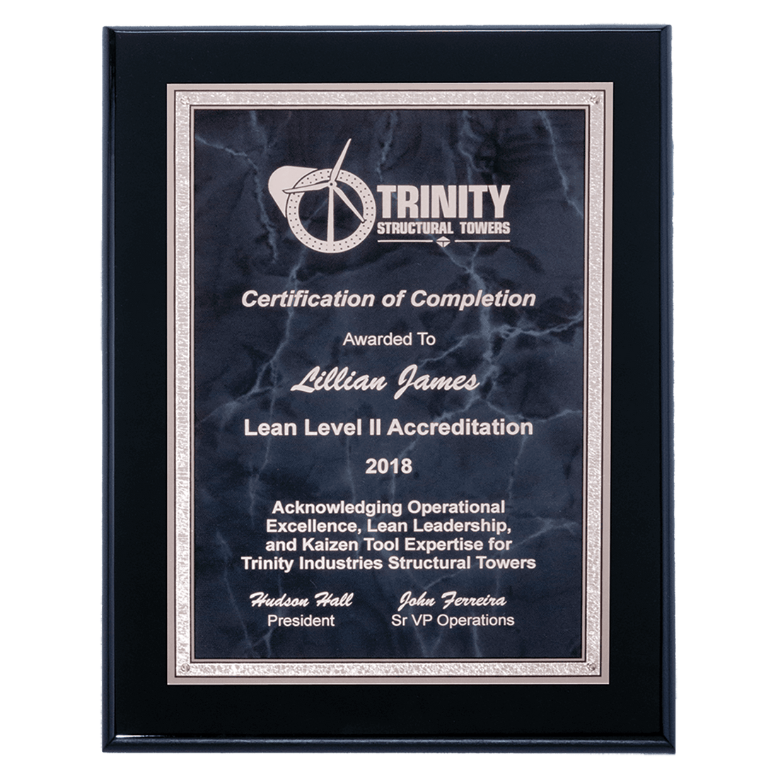 9" x 12" Airflyte Black High Gloss Plaque with Gray Marble/Silver Florentine Border