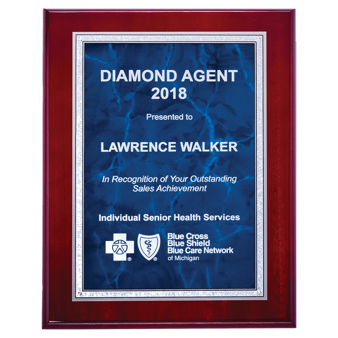 Rosewood High Gloss Plaque with Sapphire Marble/Silver 9" x 12" Airflyte Florentine Border Plate