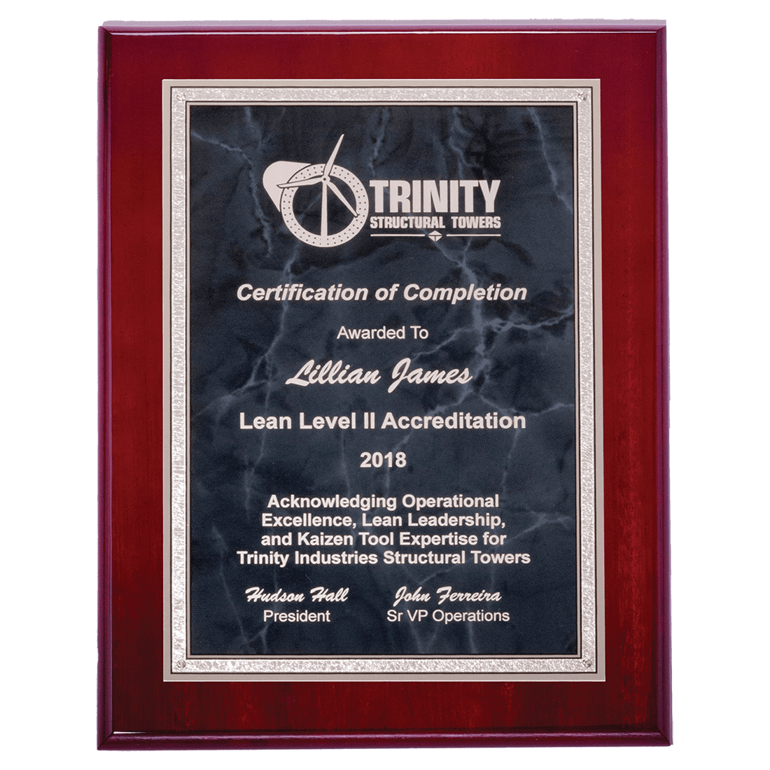 9" x 12" Airflyte Rosewood High Gloss Plaque with Gray Marble/Silver Florentine Borders Plate