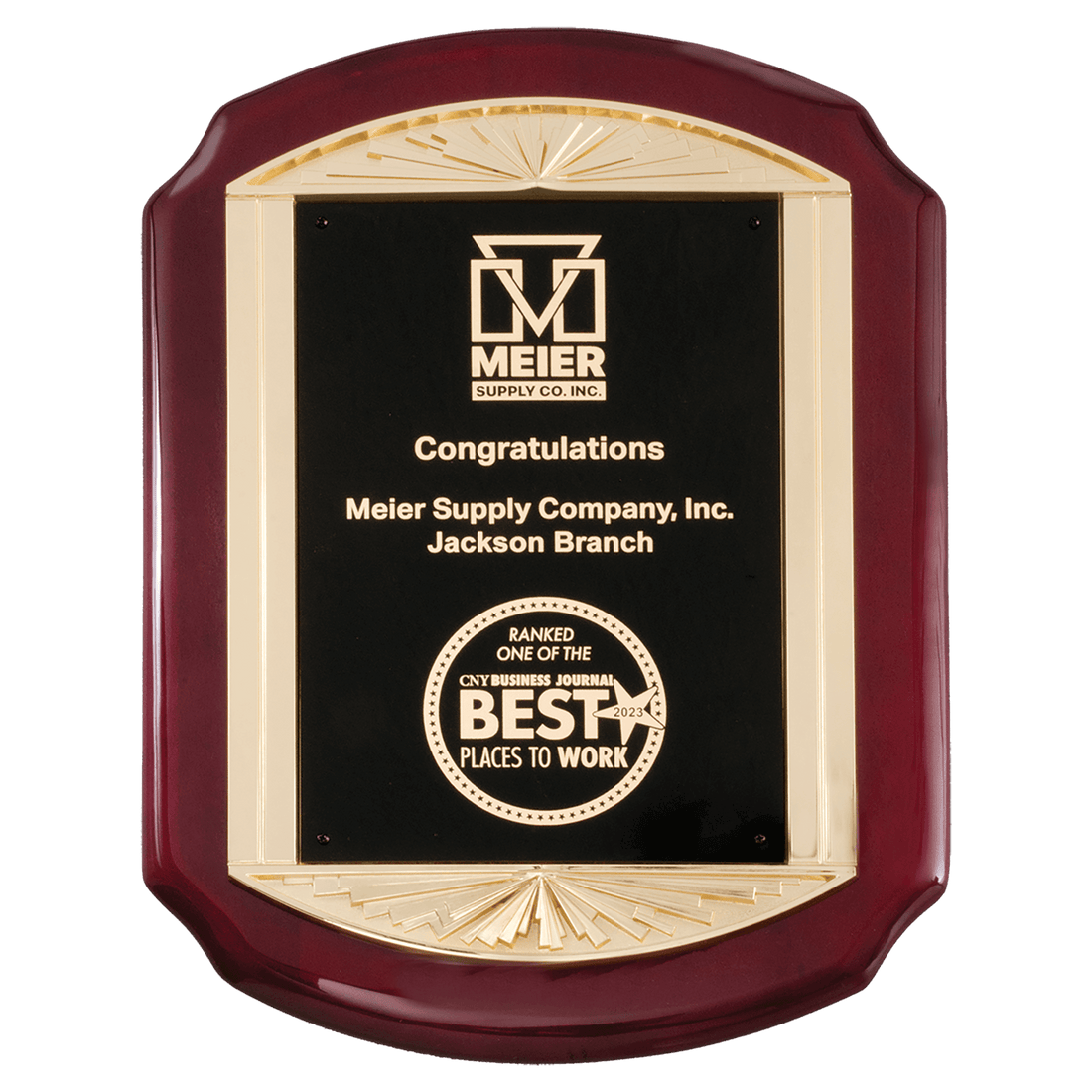 11" x 15" Rosewood Piano Finish Plaque with Metal Gold Sunburst Frame      Casting and Black LaserFX Plate